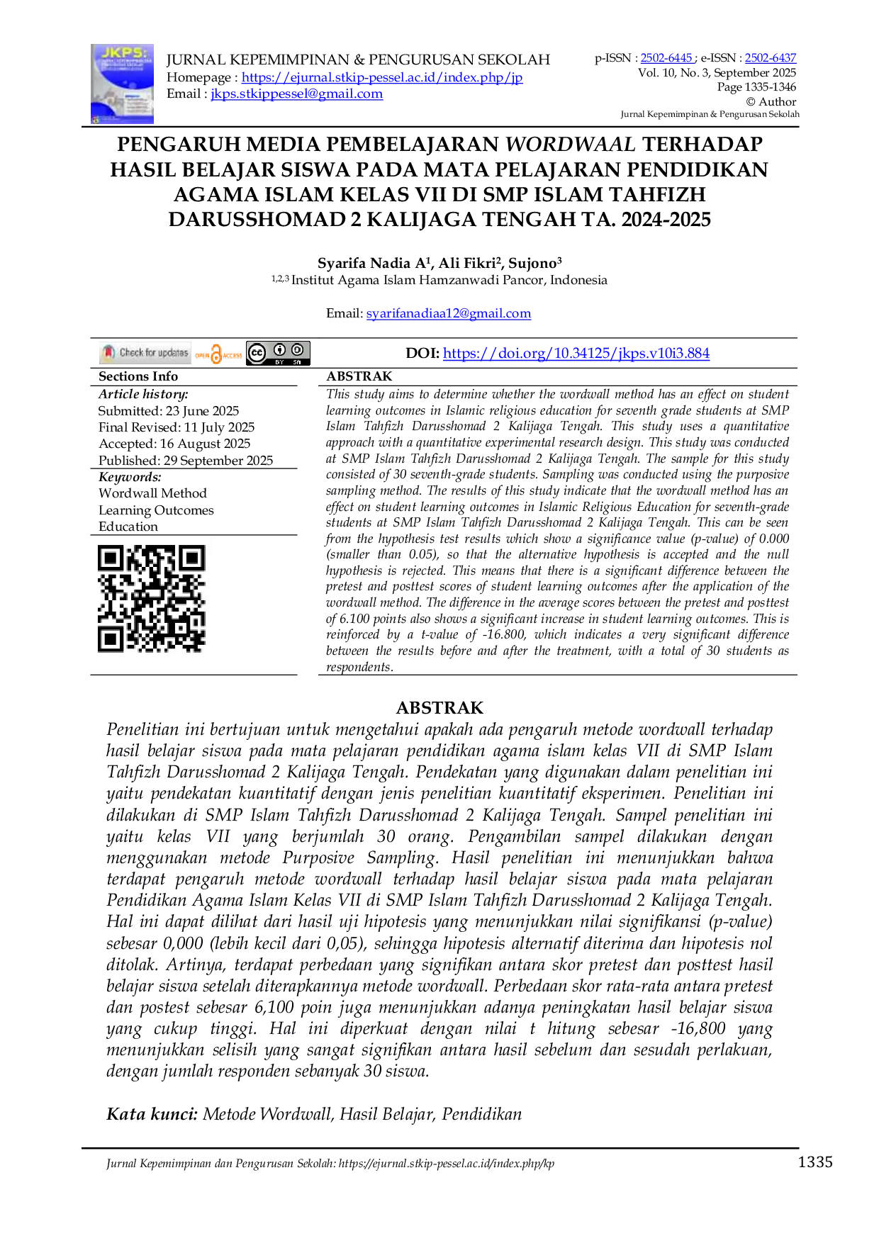 JURIS Pengaruh Media Pembelajaran Wordwall Terhadap Hasil Belajar Siswa Pada Mata Pelajaran Pendidikan Agama Islam Kelas Vii Di SMP Islam Tahfizh Darusshomad 2 Kalijaga Tengah TA 2024 2025