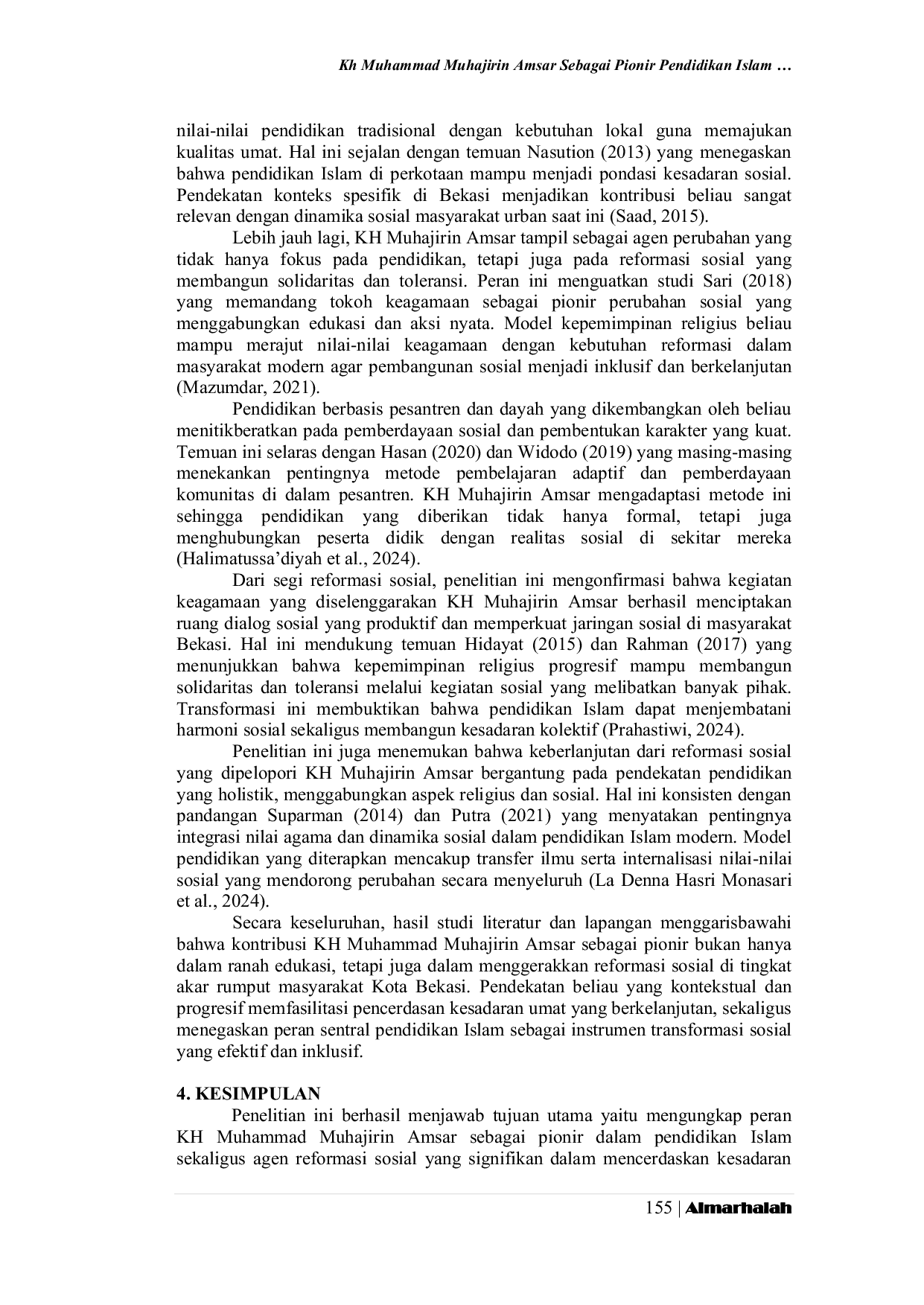 JURIS Kh Muhammad Muhajirin Amsar Sebagai Pionir Pendidikan Islam Dan Reformasi Sosial Untuk Mencerahkan Kesadaran Umat Di Kota Bekasi
