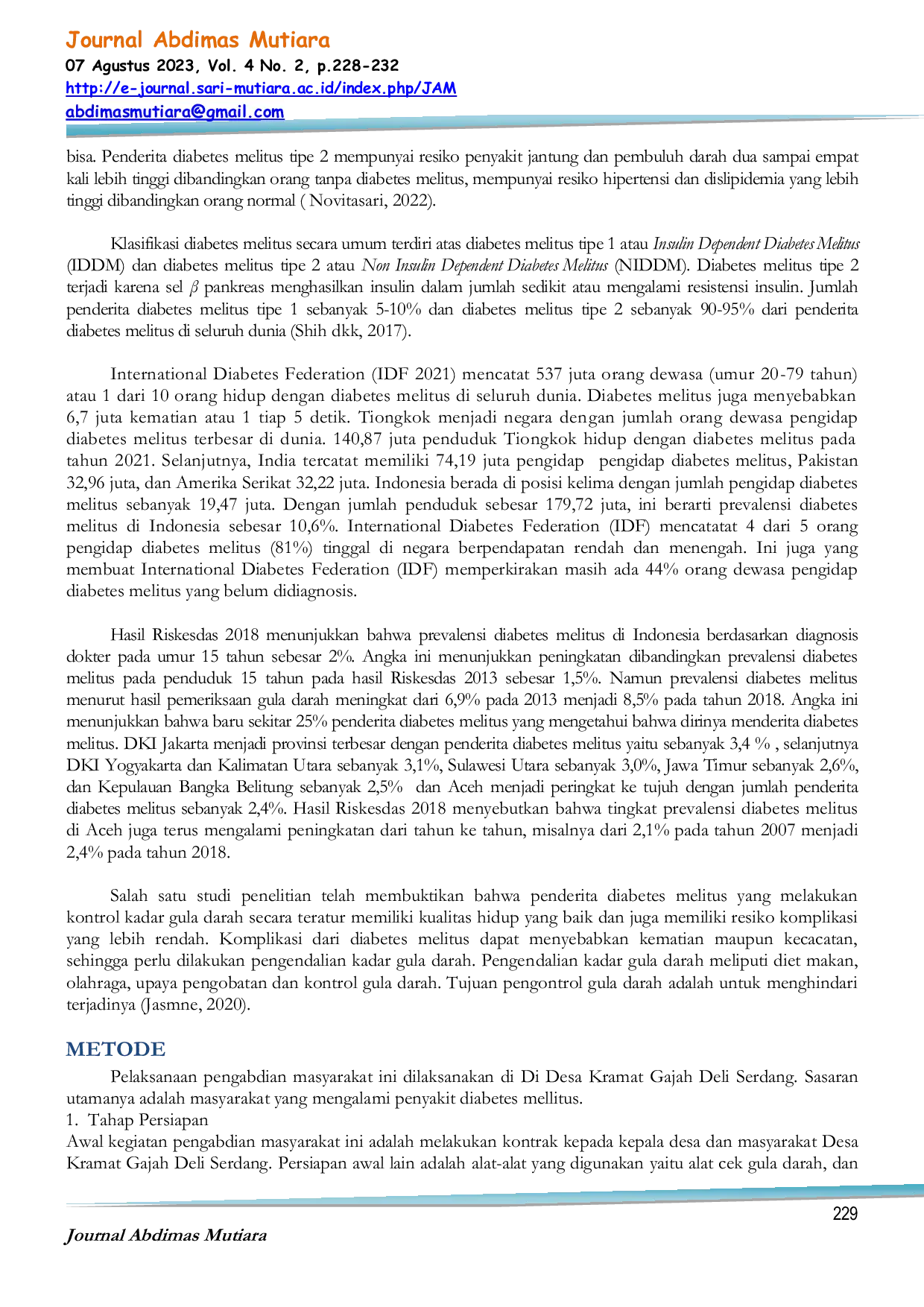 JURIS Skrining Dan Pemeriksaan Kesehatan Pada Masyarakat Dengan Masalah Diabetes Mellitus Di Desa Kramat Gajah Deli Serdang