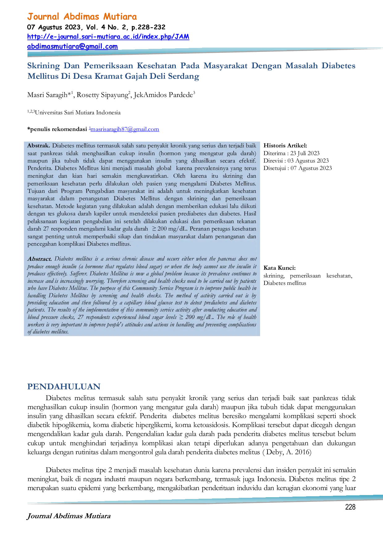 JURIS Skrining Dan Pemeriksaan Kesehatan Pada Masyarakat Dengan Masalah Diabetes Mellitus Di Desa Kramat Gajah Deli Serdang