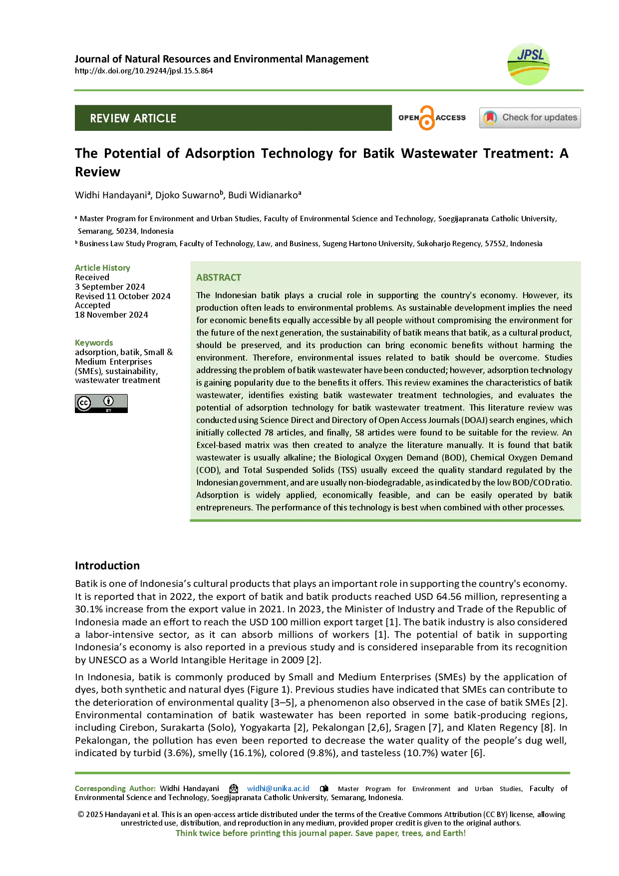 juris The Potential of Adsorption Technology for Batik Wastewater Treatment A Review