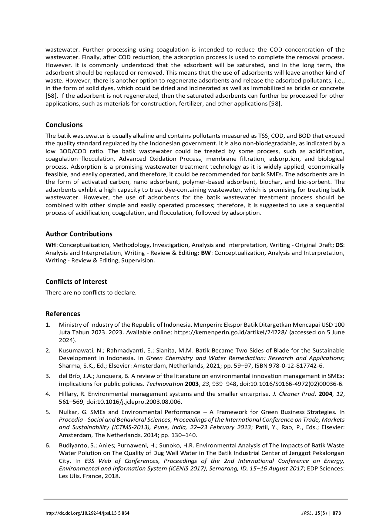 juris The Potential of Adsorption Technology for Batik Wastewater Treatment A Review