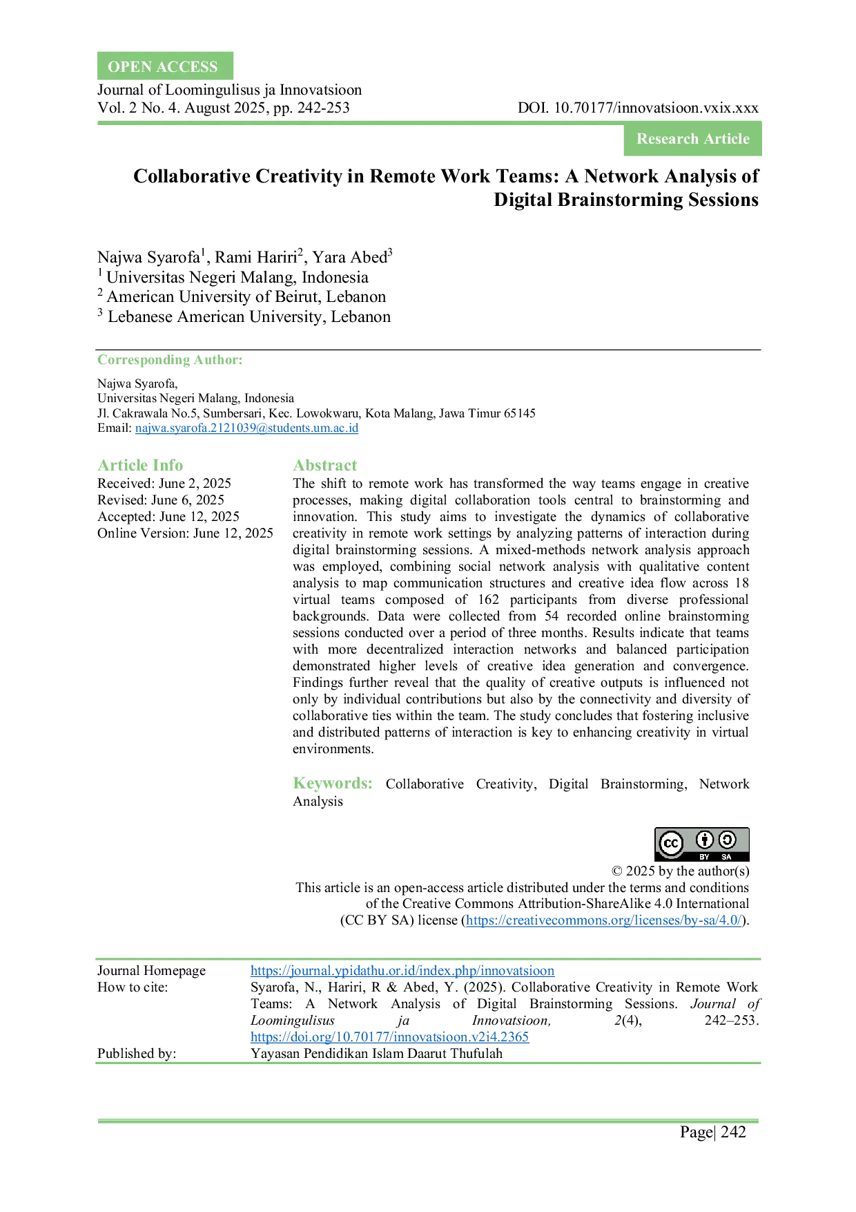 JURIS Collaborative Creativity in Remote Work Teams A Network Analysis of Digital Brainstorming Sessions
