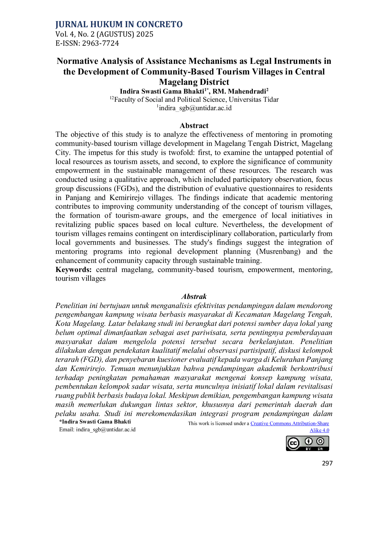JURIS Normative Analysis of Assistance Mechanisms as Legal Instruments in the Development of Community Based Tourism Villages in Central Magelang District