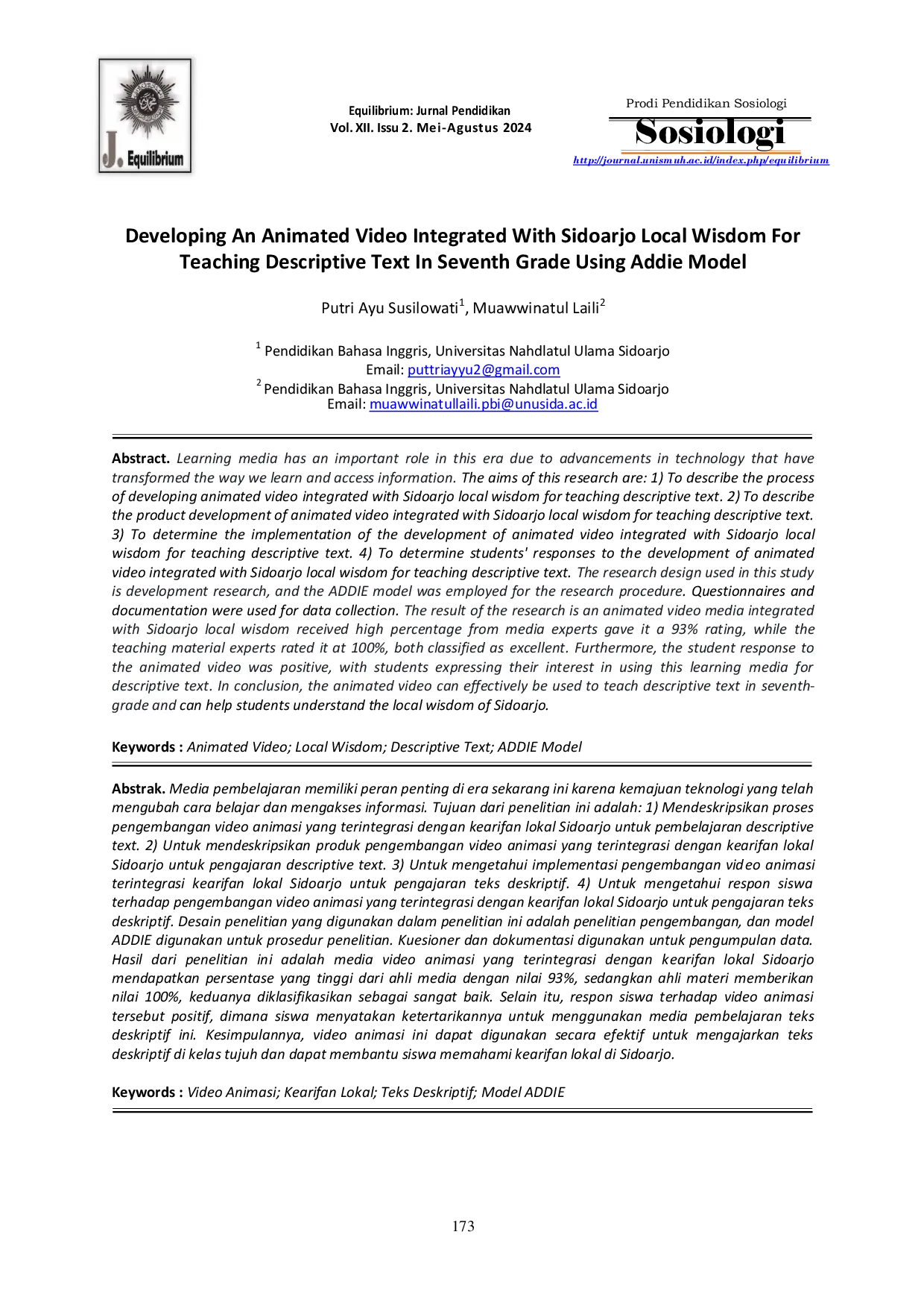 JURIS Developing A Animated Video Integrated With Sidoarjo Local Wisdom For Teaching Descriptive Text In Seventh Grade Using Addie Model