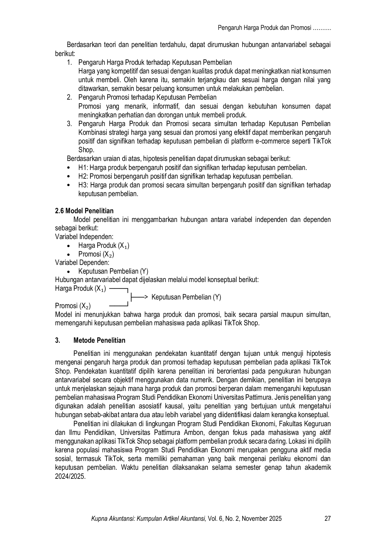 JURIS PENGARUH HARGA PRODUK DAN PROMOSI TERHADAP KEPUTUSAN PEMBELIAN PADA APLIKASI TIKTOK SHOP Studi Kasus Mahasiswa Program Studi Pendidikan Ekonomi