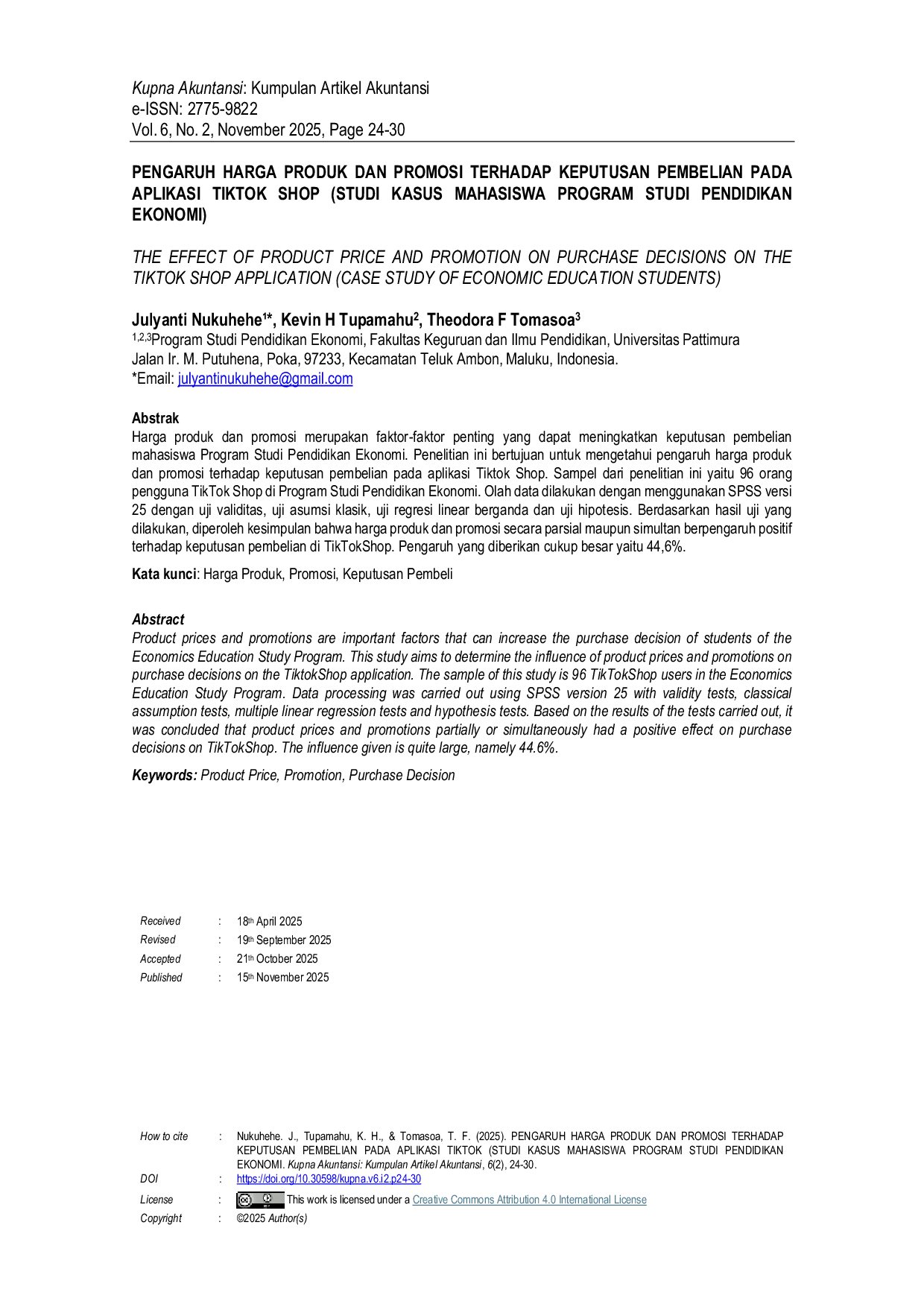 JURIS PENGARUH HARGA PRODUK DAN PROMOSI TERHADAP KEPUTUSAN PEMBELIAN PADA APLIKASI TIKTOK SHOP Studi Kasus Mahasiswa Program Studi Pendidikan Ekonomi