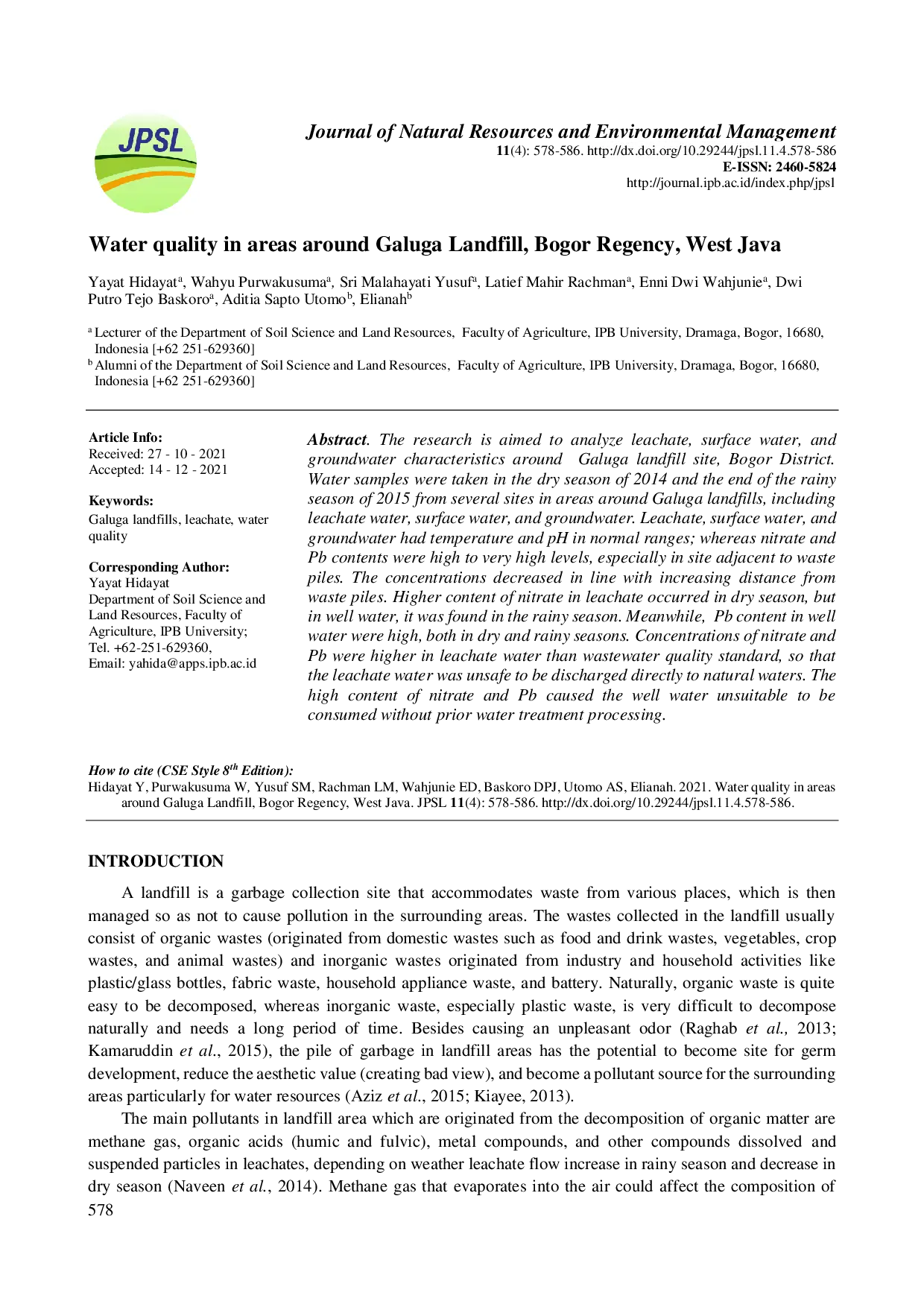 juris Water quality in areas around Galuga Landfill Bogor Regency West Java