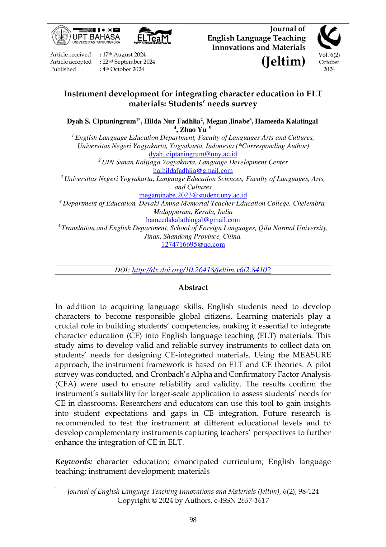 JURIS Instrument Development for Integrating Character Education in ELT Materials Students Needs Survey