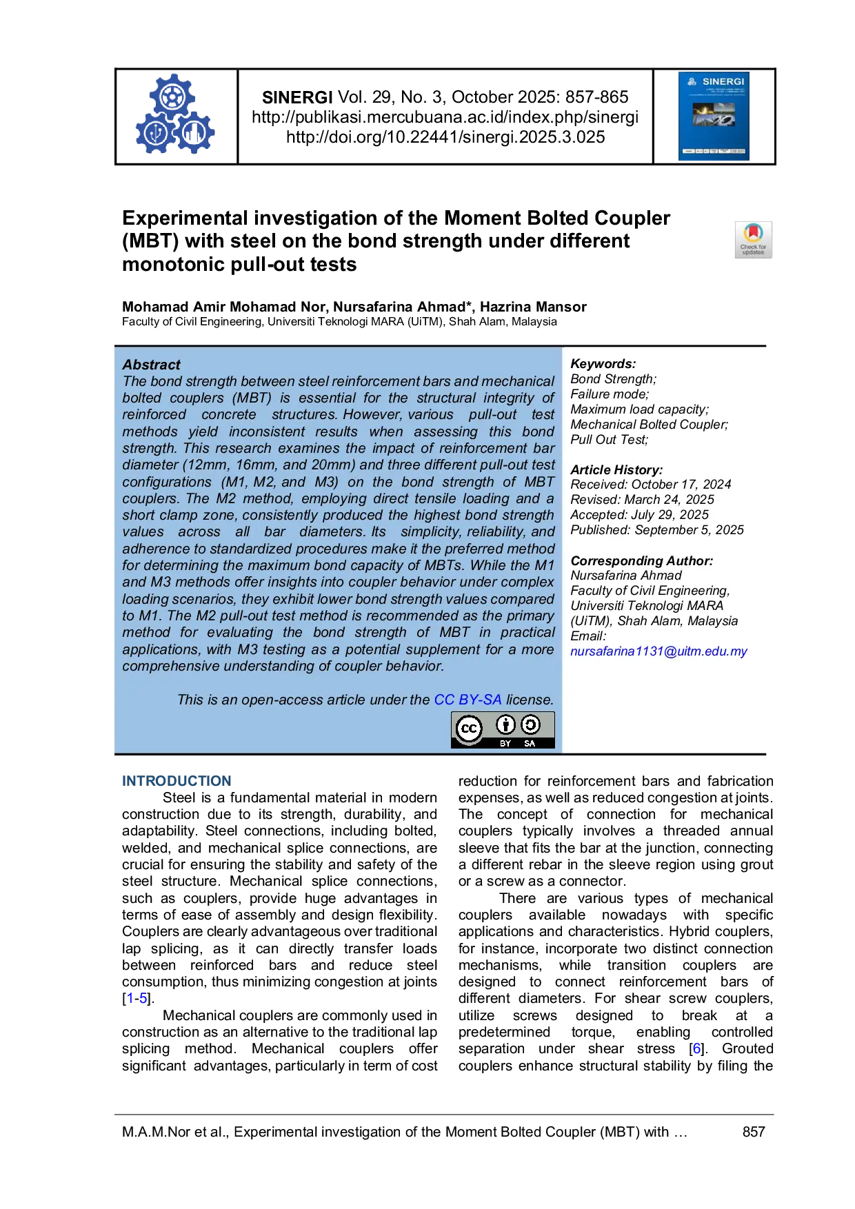 JURIS Experimental investigation of the Moment Bolted Coupler MBT with steel on the bond strength under different monotonic pull out tests