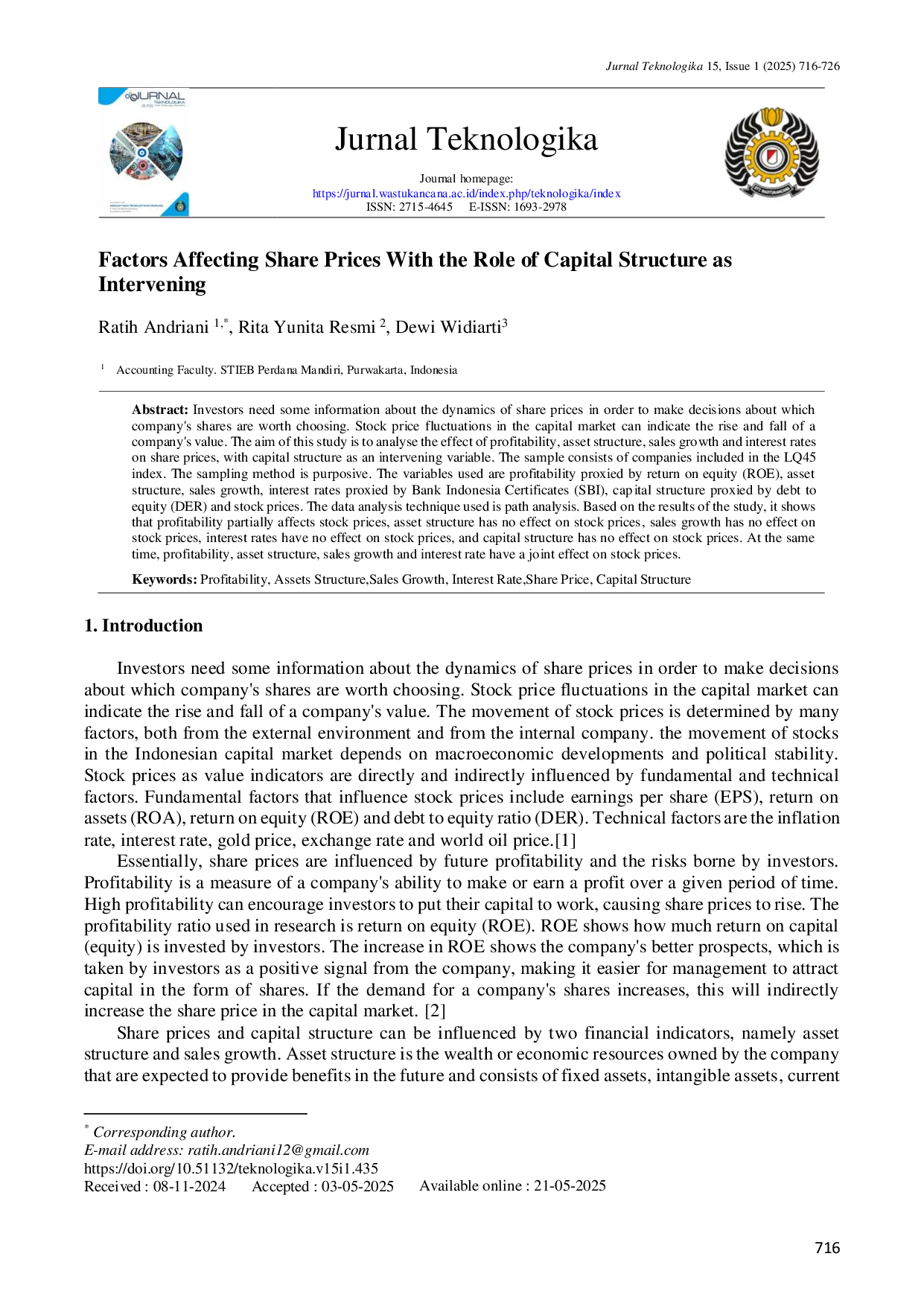 JURIS Factors Affecting Share Prices With the Role of Capital Structure as Intervening
