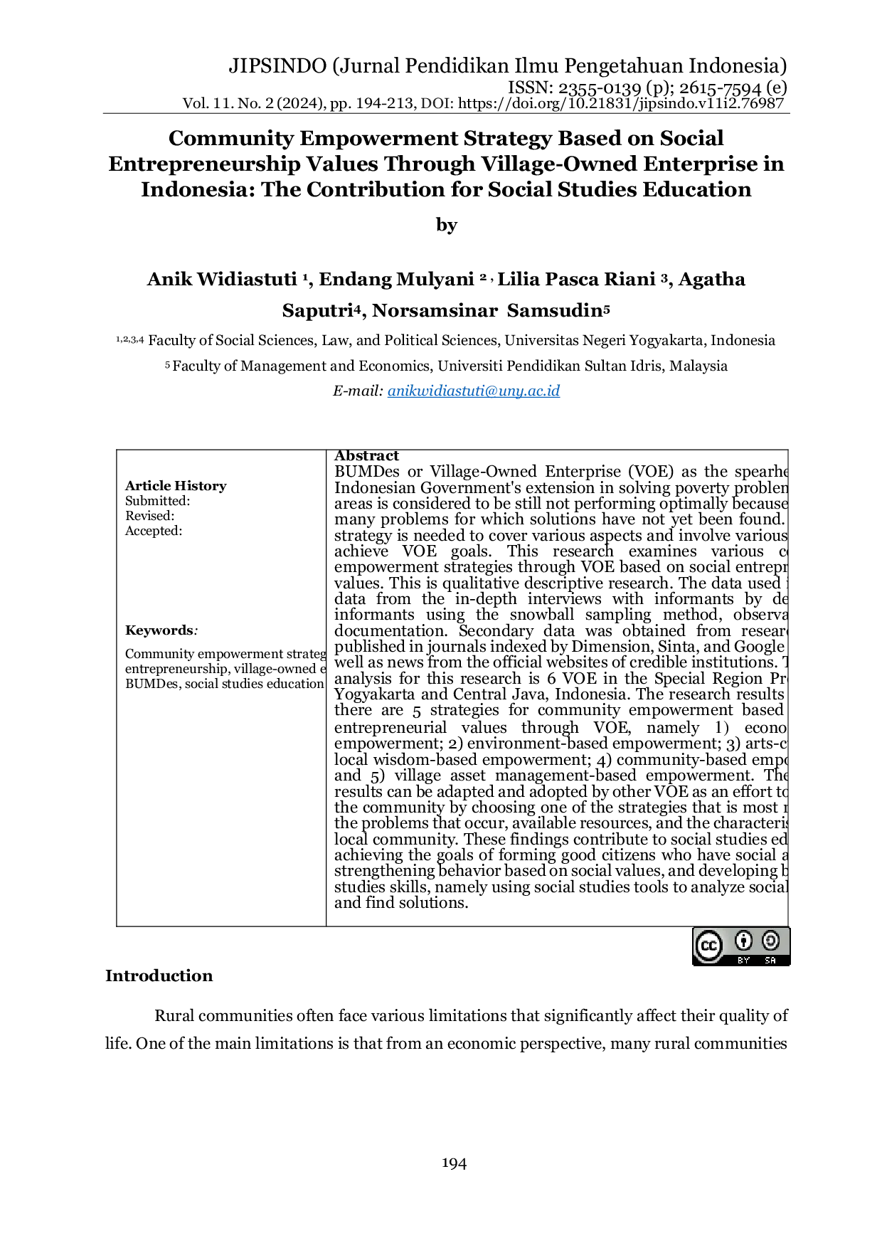 JURIS Community Empowerment Strategy Based on Social Entrepreneurship Values Through Village Owned Enterprise in Indonesia The Contribution for Social Studies Education