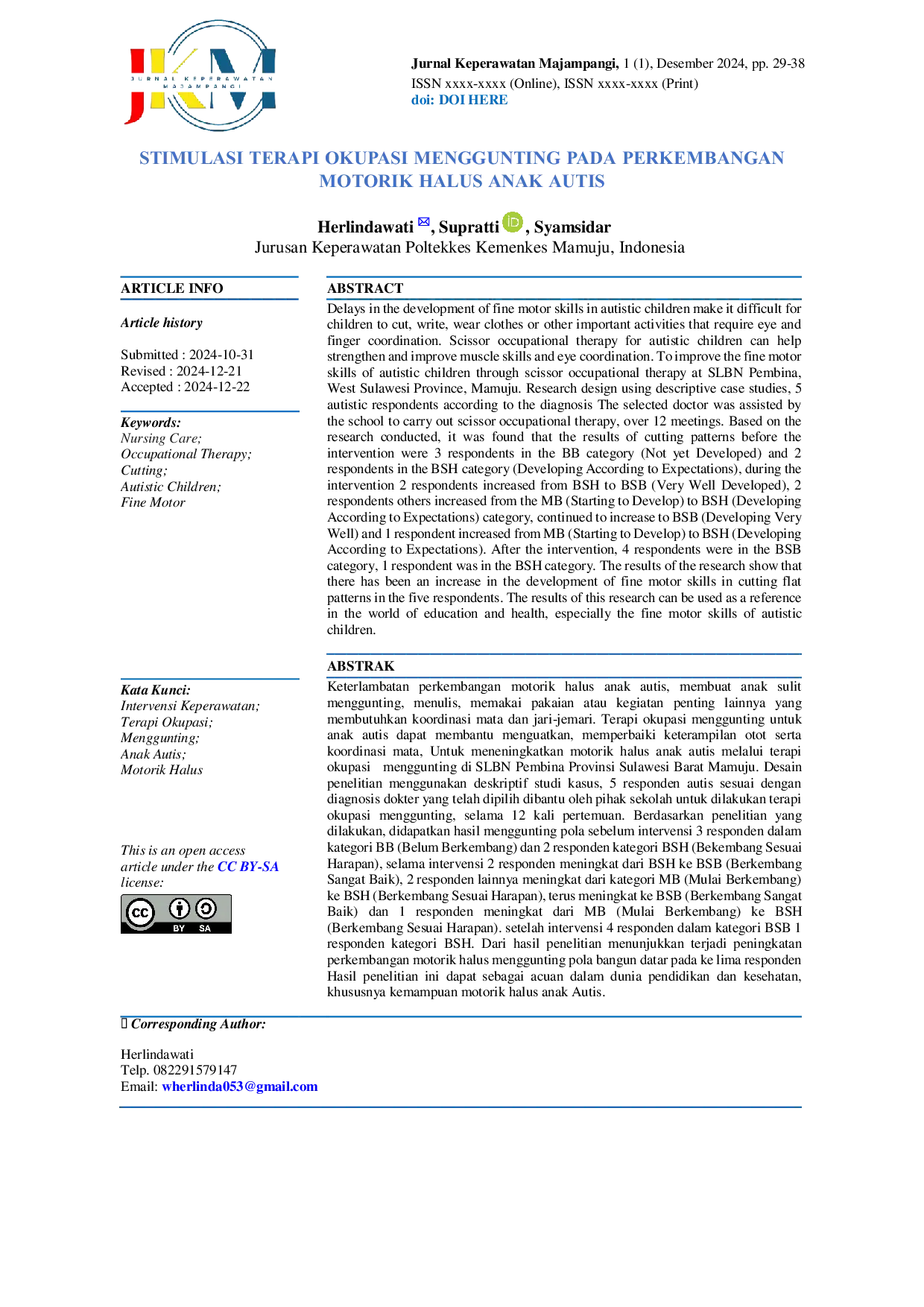 JURIS Stimulasi Terapi Okupasi Menggunting pada Perkembangan Motorik Halus Anak Autis