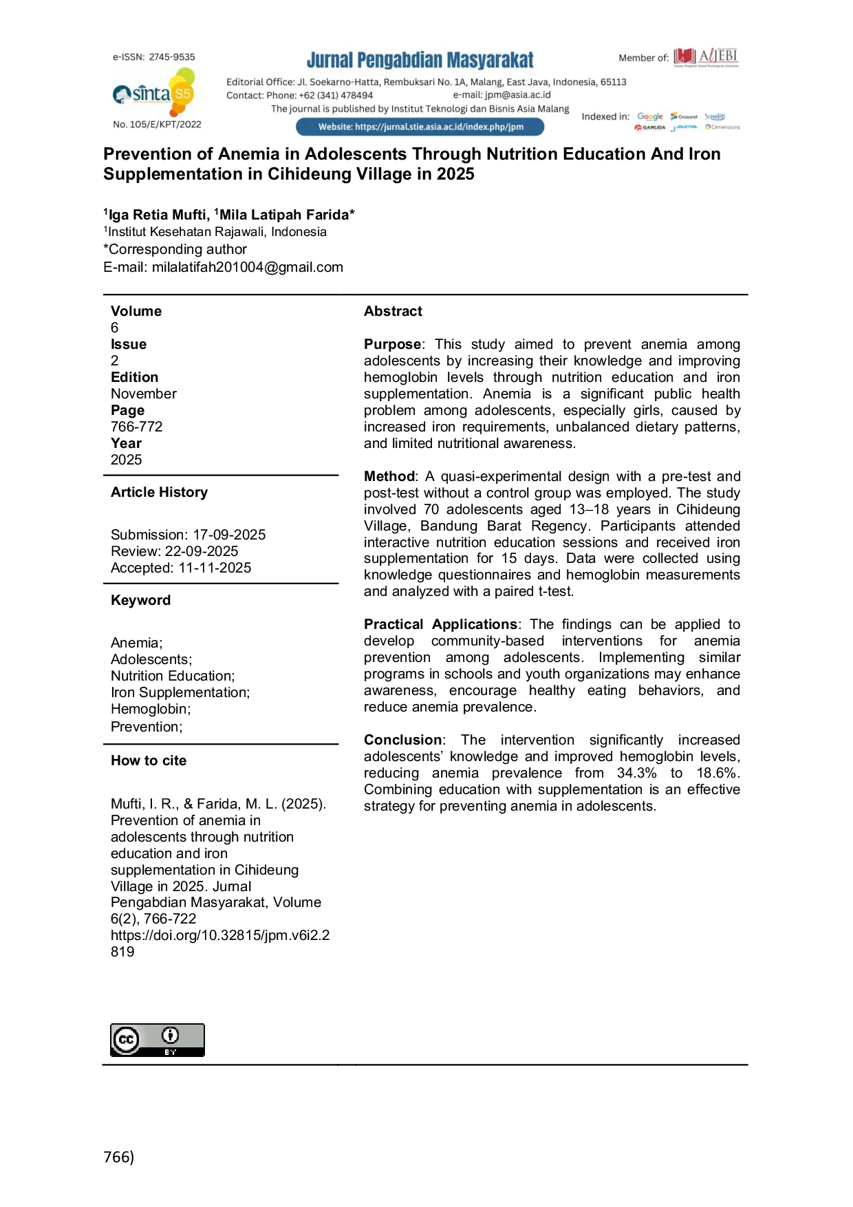 JURIS Prevention of Anemia in Adolescents Through Nutrition Education And Iron Supplementation in Cihideung Village in 2025