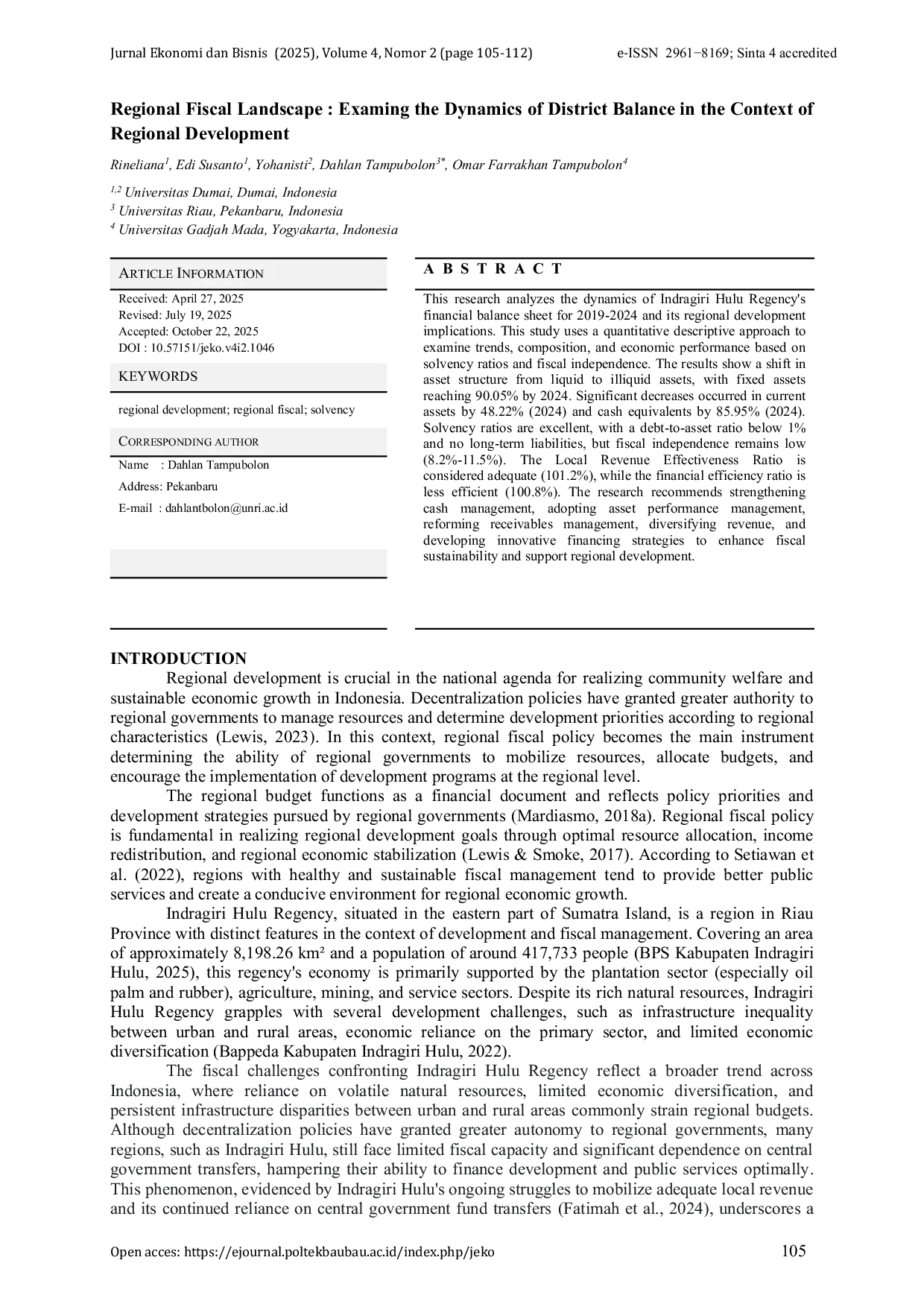 JURIS Regional Fiscal Landscape Examing the Dynamics of District Balance in the Context of Regional Development
