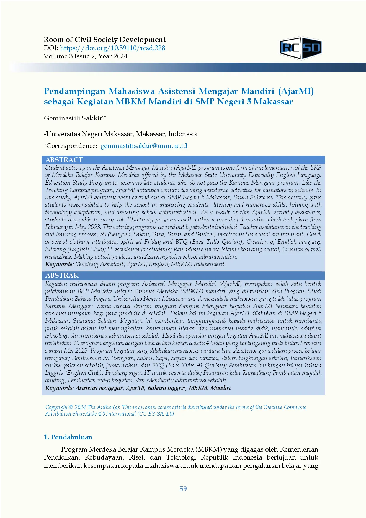 juris Pendampingan Mahasiswa Asistensi Mengajar Mandiri AjarMI Sebagai Kegiatan MBKM Mandiri di SMP Negeri 5 Makassar