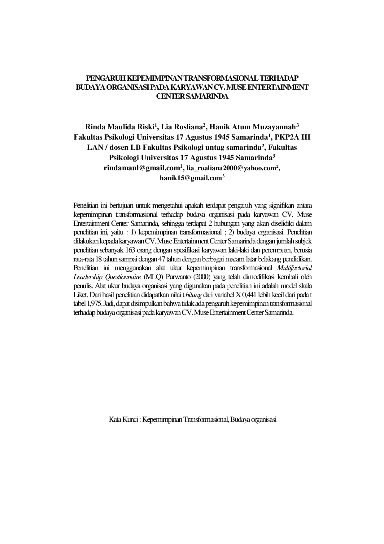 JURIS Pengaruh Kepemimpinan Transformasional Terhadap Budaya Organisasi Pada Karyawan CV Muse Entertainment Center Samarinda