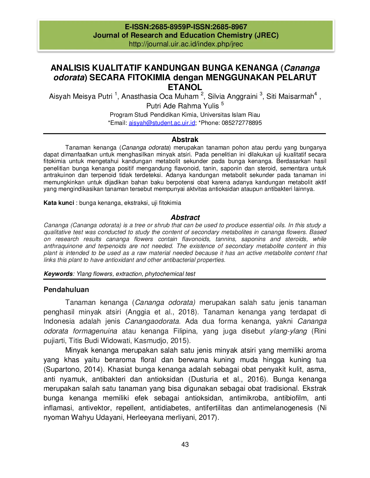 JURIS ANALISIS KUALITATIF KANDUNGAN BUNGA KENANGA Cananga odorata SECARA FITOKIMIA dengan MENGGUNAKAN PELARUT ETANOL