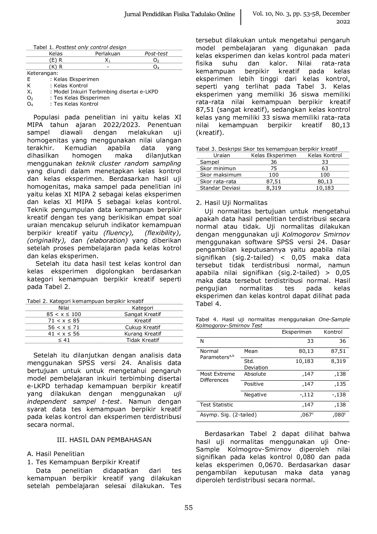 JURIS Pengaruh Model Pembelajaran Inkuiri Terbimbing Disertai e LKPD Terhadap Kemampuan Berpikir Kreatif Siswa SMA pada Materi Suhu dan Kalor