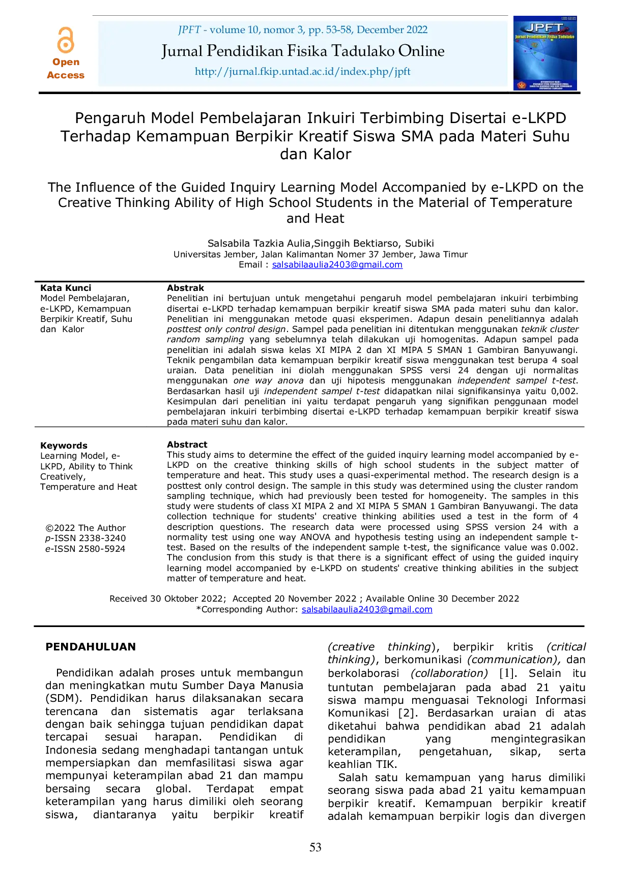 JURIS Pengaruh Model Pembelajaran Inkuiri Terbimbing Disertai e LKPD Terhadap Kemampuan Berpikir Kreatif Siswa SMA pada Materi Suhu dan Kalor