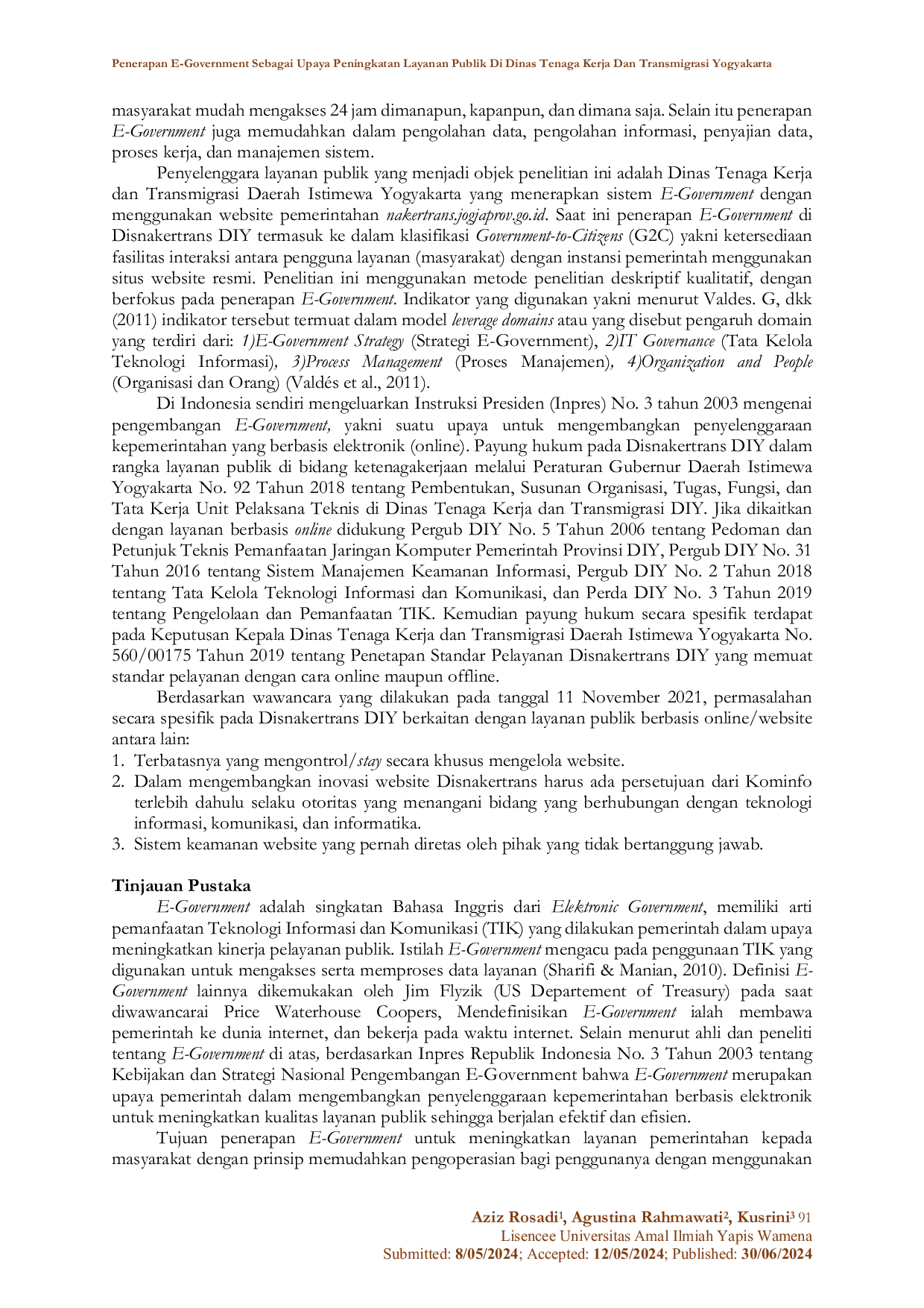 JURIS Penerapan E Government Sebagai Upaya Peningkatan Layanan Publik di Dinas Tenaga Kerja dan Transmigrasi Yogyakarta