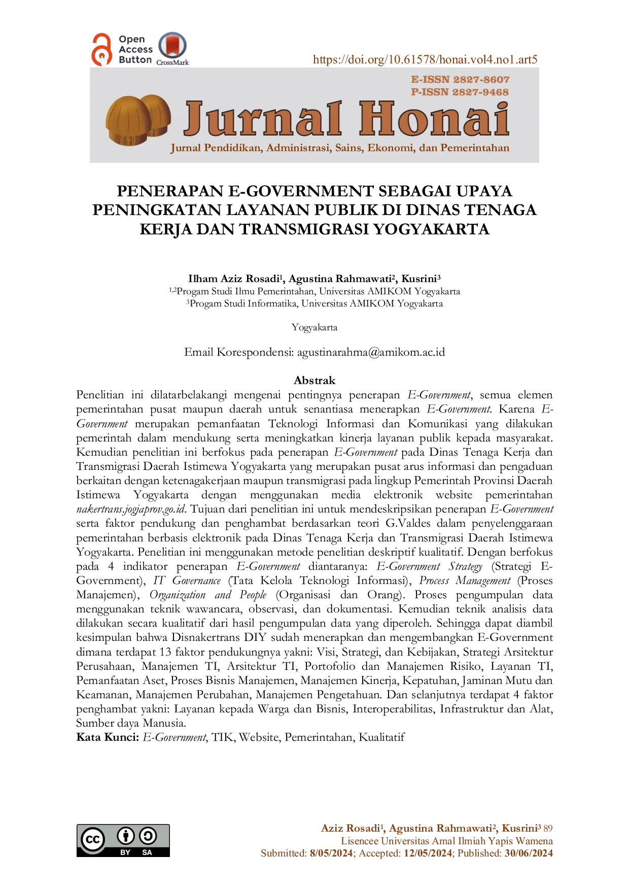 JURIS Penerapan E Government Sebagai Upaya Peningkatan Layanan Publik di Dinas Tenaga Kerja dan Transmigrasi Yogyakarta