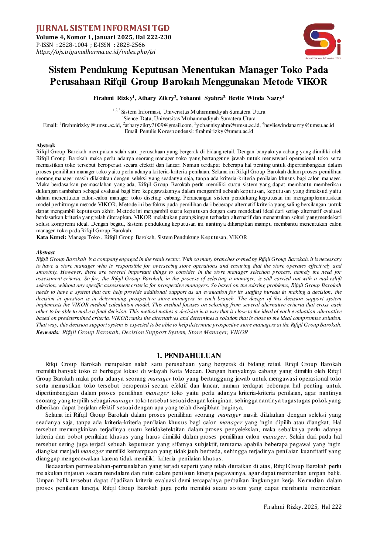 JURIS Sistem Pendukung Keputusan Menentukan Manager Toko Pada Perusahaan Rifqil Group Barokah Menggunakan Metode VIKOR