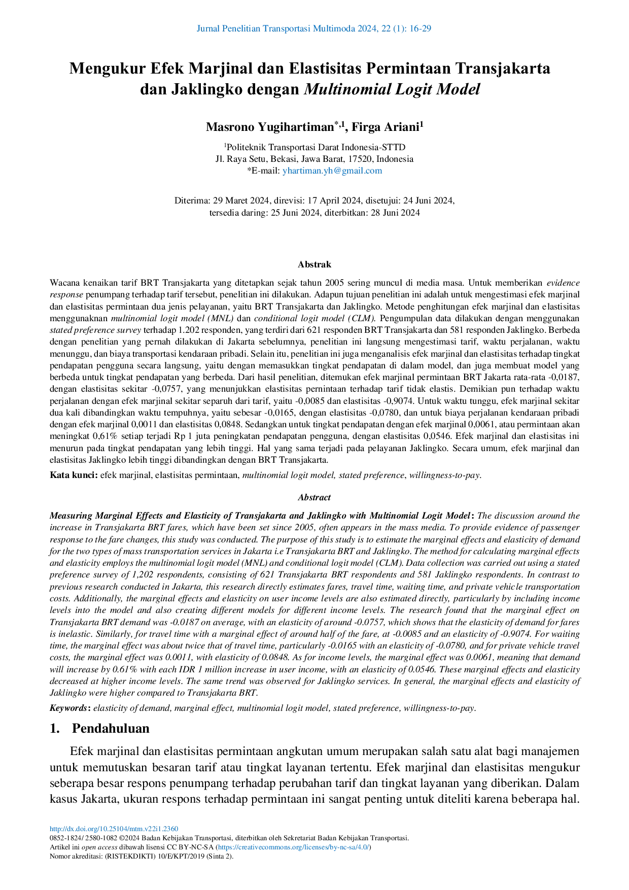 JURIS Mengukur Efek Marjinal dan Elastisitas Permintaan Transjakarta dan Jaklingko dengan Multinomial Logit Model