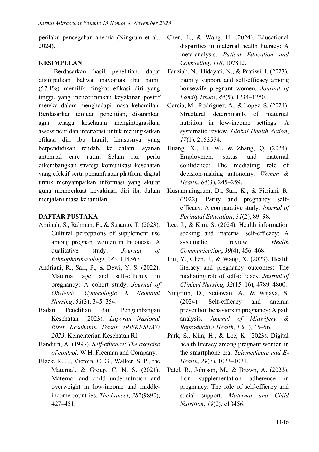 JURIS Gambaran Efikasi Diri Ibu Hamil Berdasarkan Karakteristik Sosiodemografi Dan Status Kesehatan Di Puskesmas Kaluku Bodoa