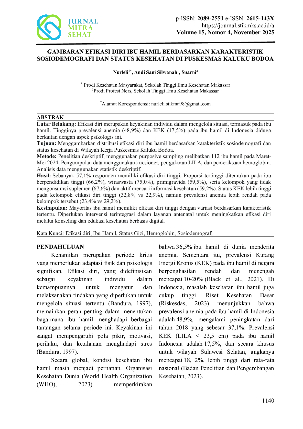 JURIS Gambaran Efikasi Diri Ibu Hamil Berdasarkan Karakteristik Sosiodemografi Dan Status Kesehatan Di Puskesmas Kaluku Bodoa
