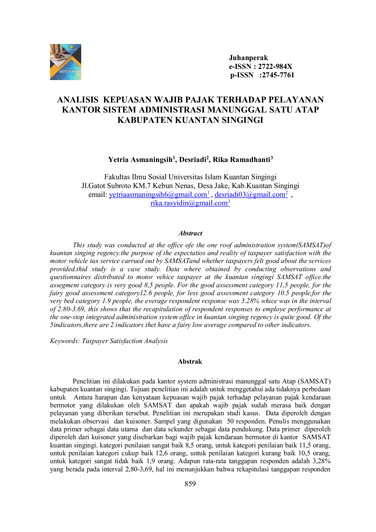 JURIS Analisis Kepuasan Wajib Pajak Terhadap Pelayanan Kantor Sistem Administrasi Manunggal Satu Atap Kabupaten Kuantan Singingi
