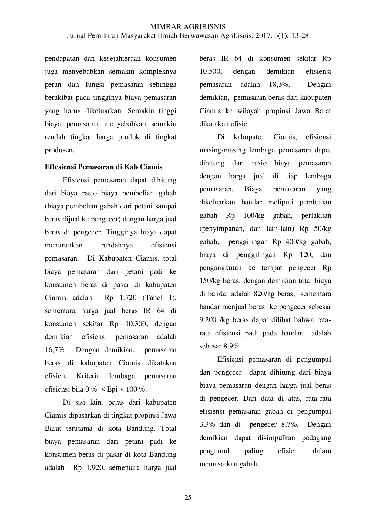 juris Efisiensi Pemasaran Beras Di Kabupaten Ciamis Dan Jawa Barat