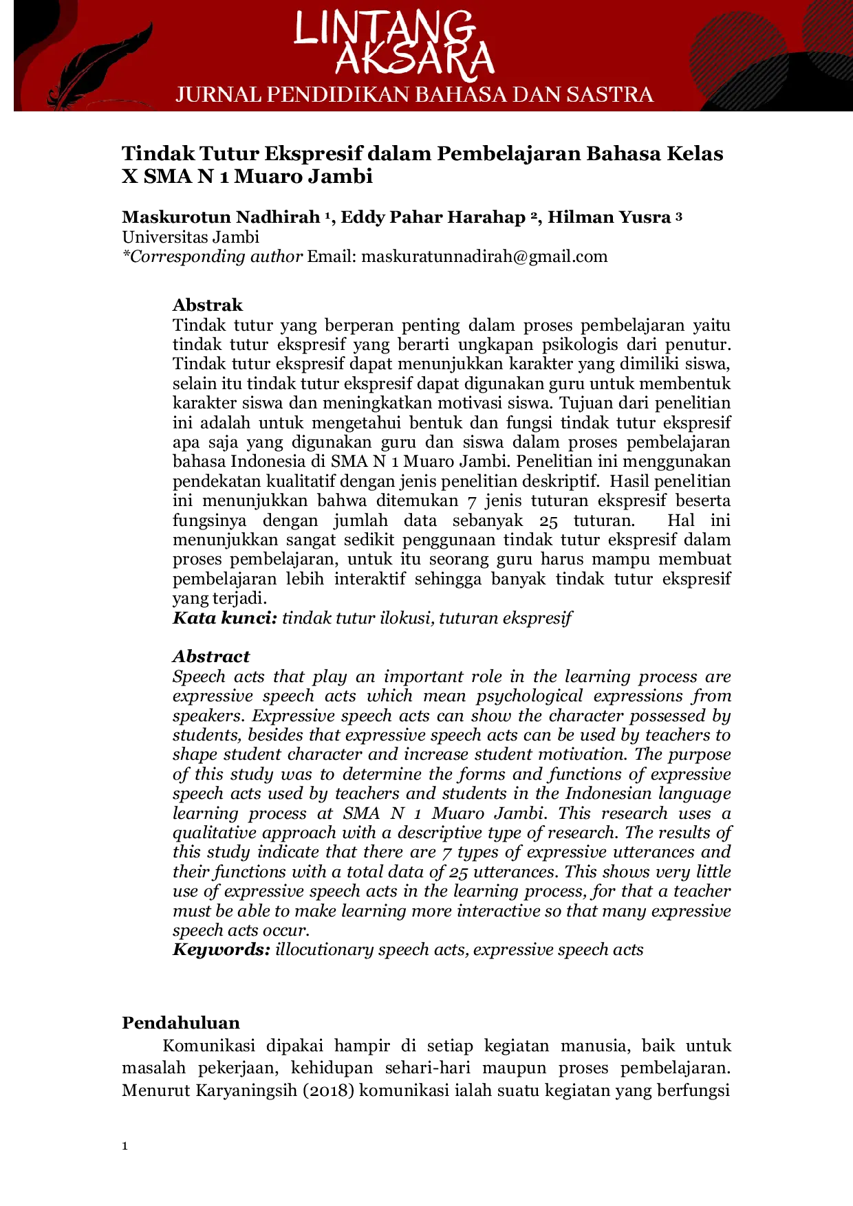 JURIS Tindak Tutur Ekspresif Dalam Pembelajaran Bahasa Kelas X Sma N 1 Muaro Jambi