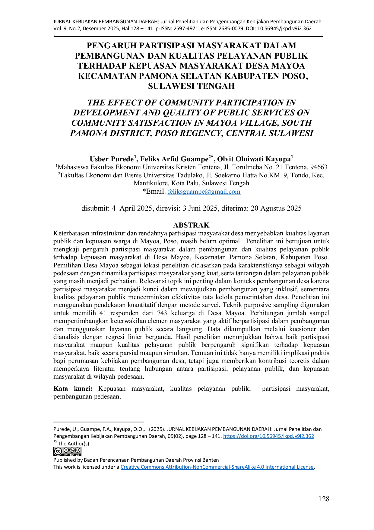 JURIS Pengaruh Partisipasi Masyarakat Dalam Pembangunan Dan Kualitas Pelayanan Publik Terhadap Kepuasan Masyarakat Desa Mayoa