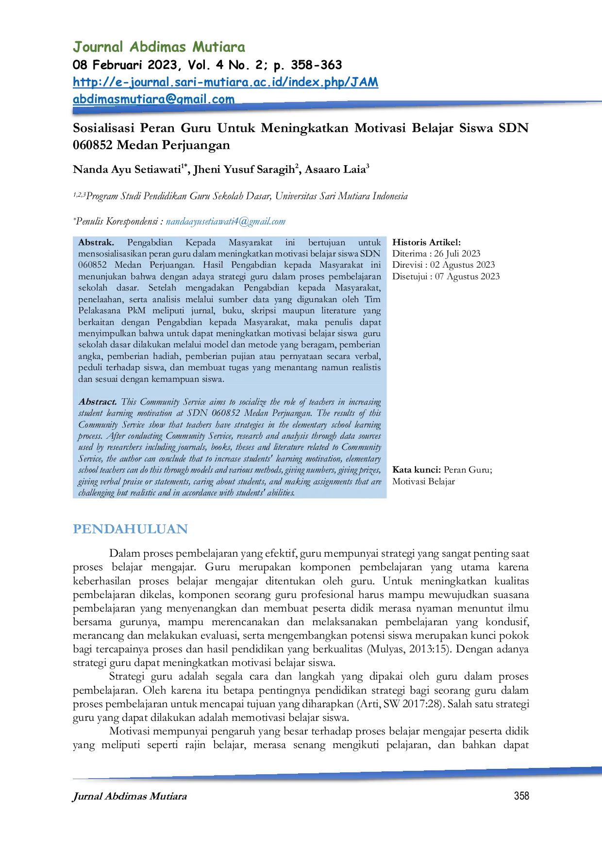 JURIS Sosialisasi Peran Guru Untuk Meningkatkan Motivasi Belajar Siswa SDN 060852 Medan Perjuangan