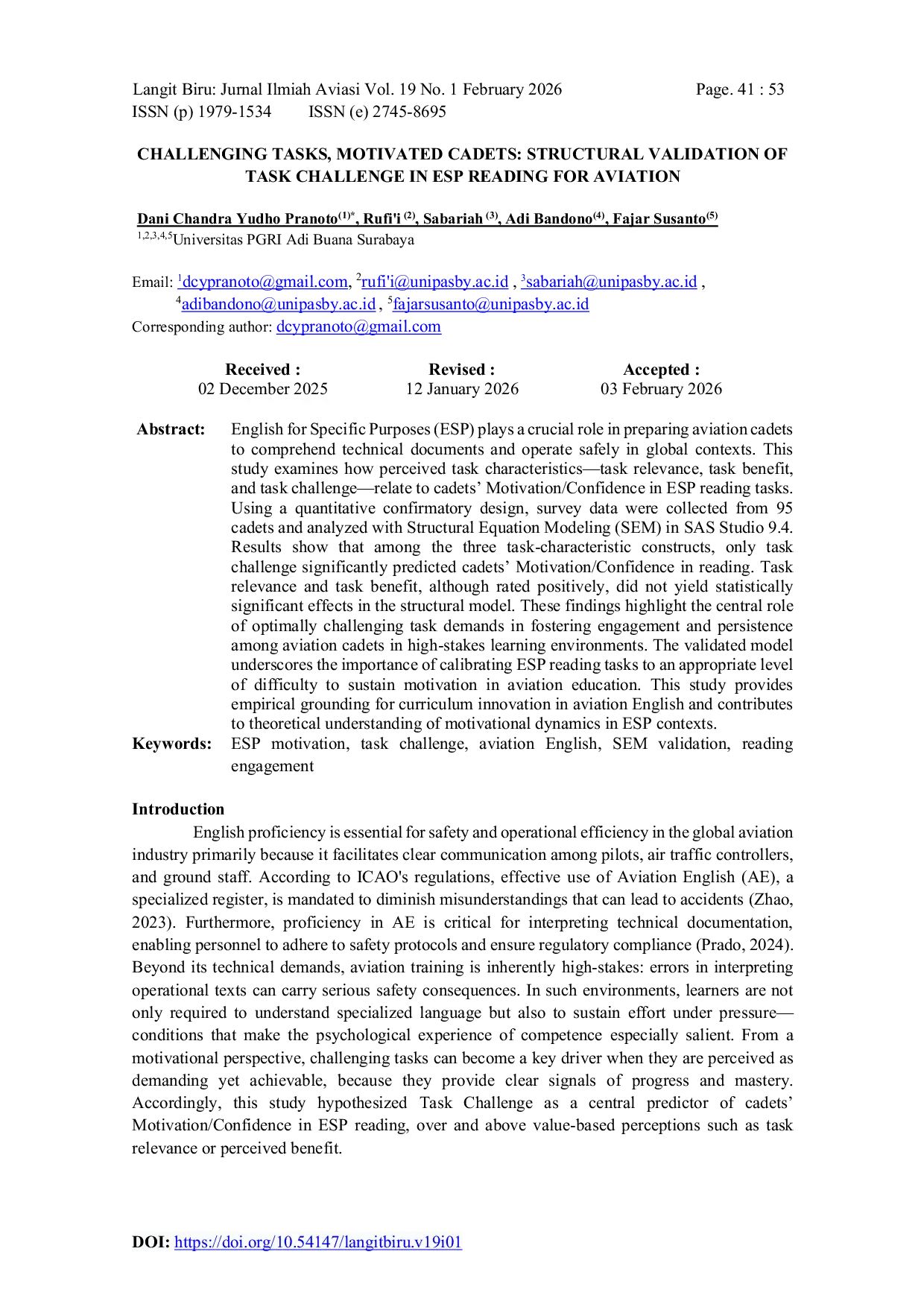 JURIS Challenging Tasks Motivated Cadets Structural Validation of Task Challenge in ESP Reading for Aviation