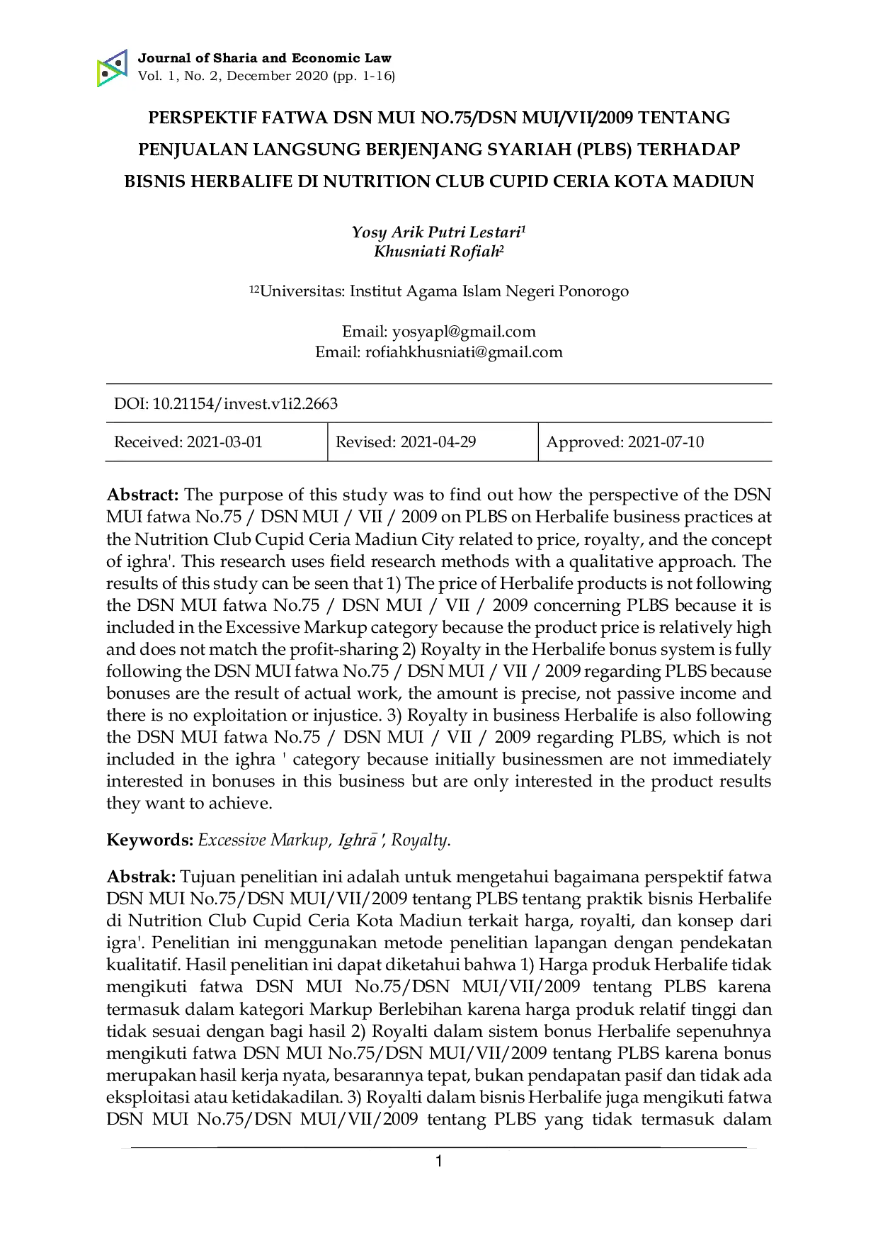 JURIS Bisnis Herbalife Nutrition Club Cupid Ceria Perspektif Fatwa DSN MUI NO 75 DSN MUI VII 2009