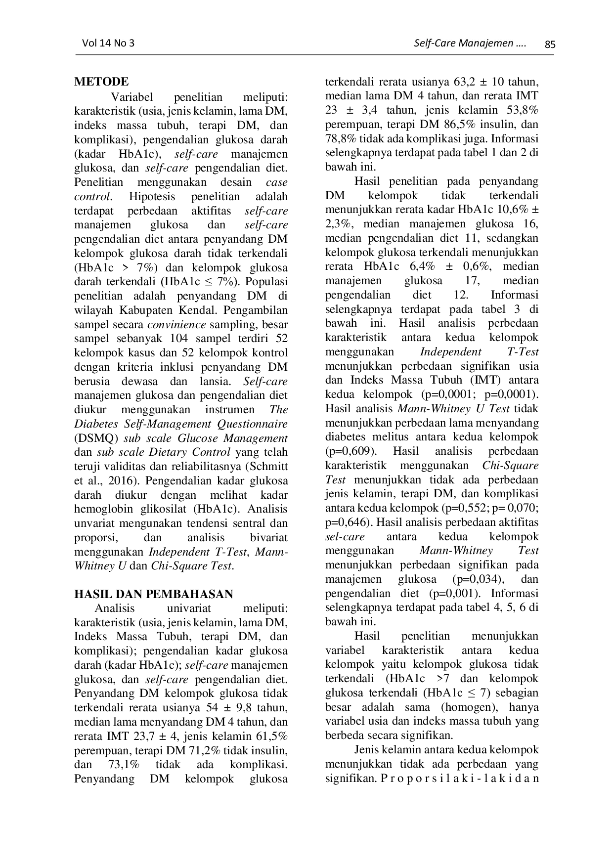 JURIS Self Care Manajemen Glukosa Dan Pengendalian Diet Sebagai Upaya Pengendalian Kadar Glukosa Darah Penyandang Diabetes Mellitus