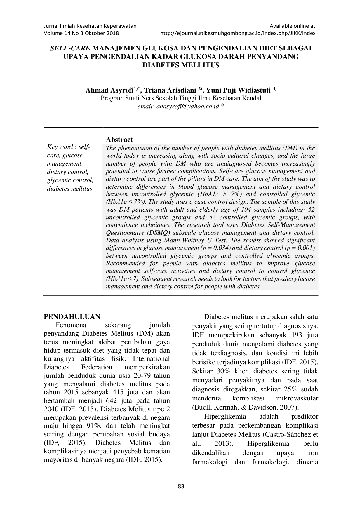 JURIS Self Care Manajemen Glukosa Dan Pengendalian Diet Sebagai Upaya Pengendalian Kadar Glukosa Darah Penyandang Diabetes Mellitus