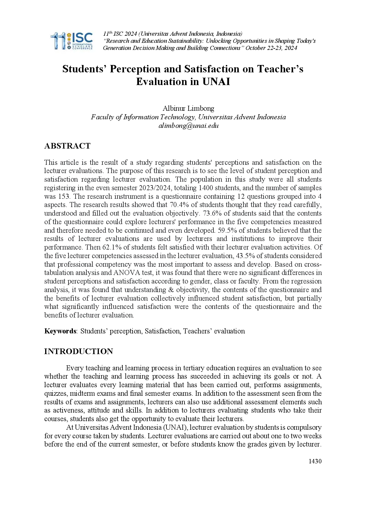 juris Students Perception and Satisfaction on Teacher s Evaluation in UNAI