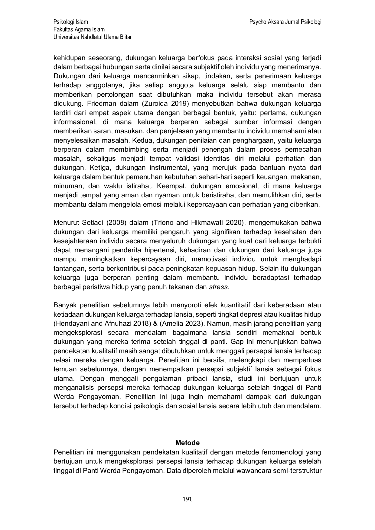 JURIS Reliationship Lansia Persepsi Lansia Terhadap Dukungan Keluarga Setelah Tinggal di Panti Werda Pengayoman