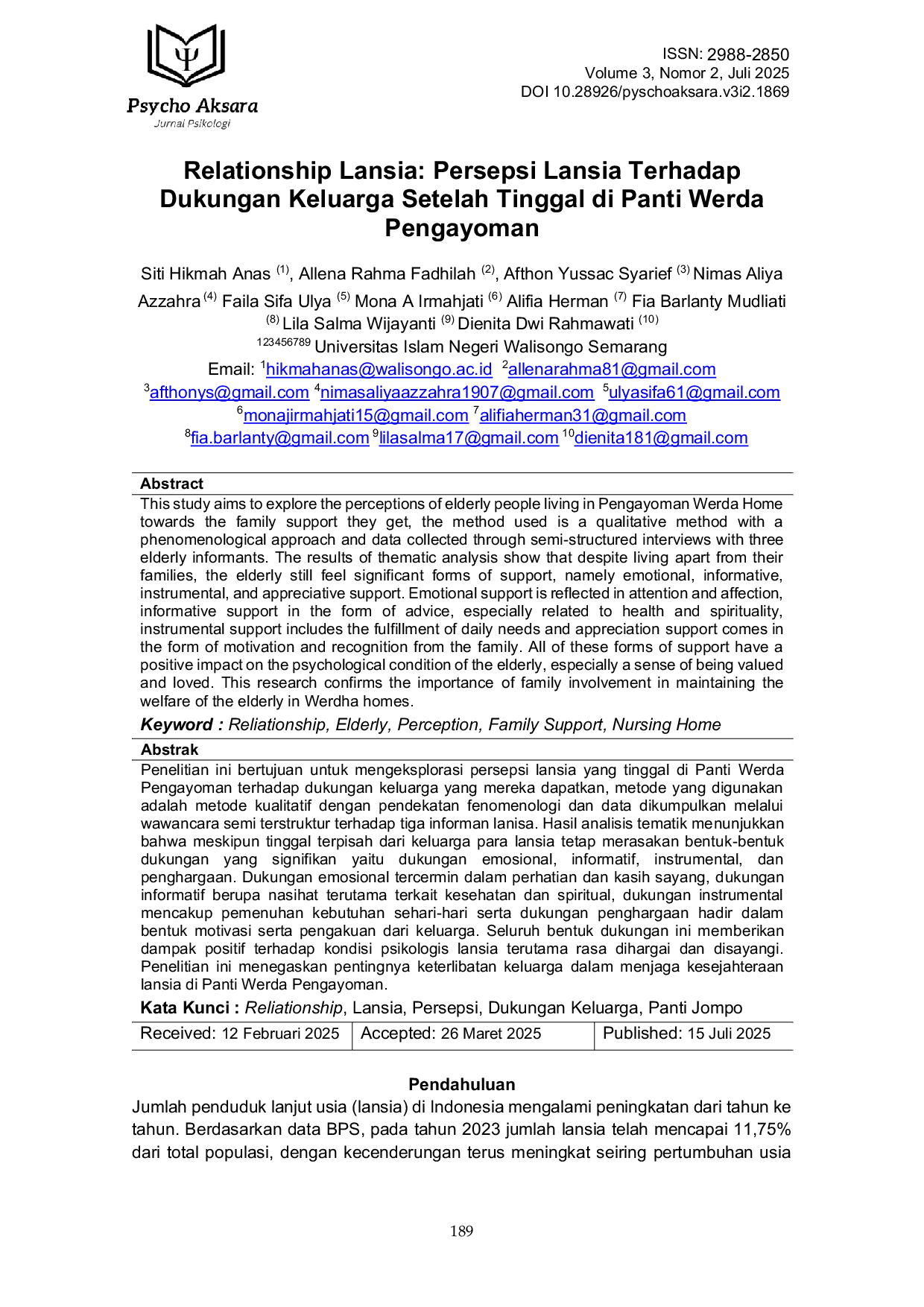 JURIS Reliationship Lansia Persepsi Lansia Terhadap Dukungan Keluarga Setelah Tinggal di Panti Werda Pengayoman