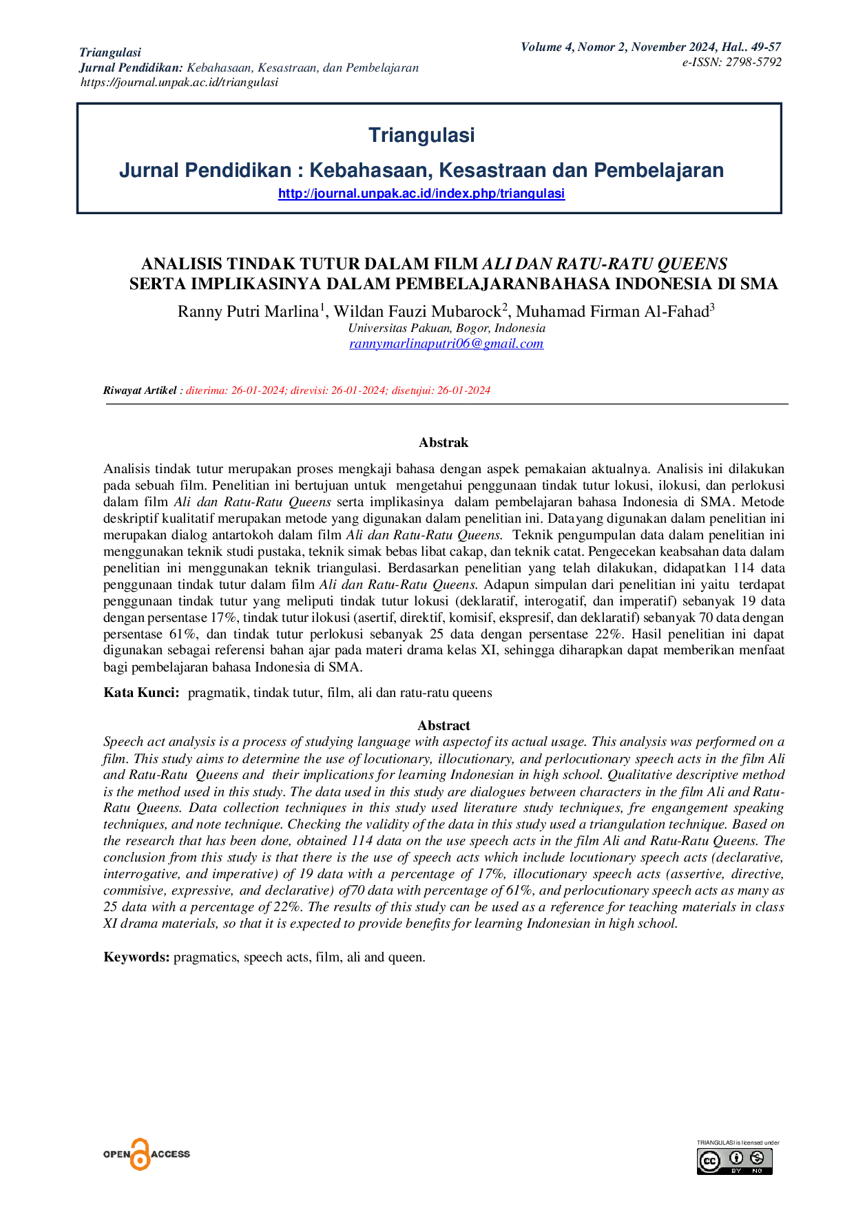 JURIS Analisis Tindak Tutur Dalam Film Ali Dan Ratu Ratu Queens Serta Implikasinya Dalam Pembelajaran Bahasa Indonesia Di Sma