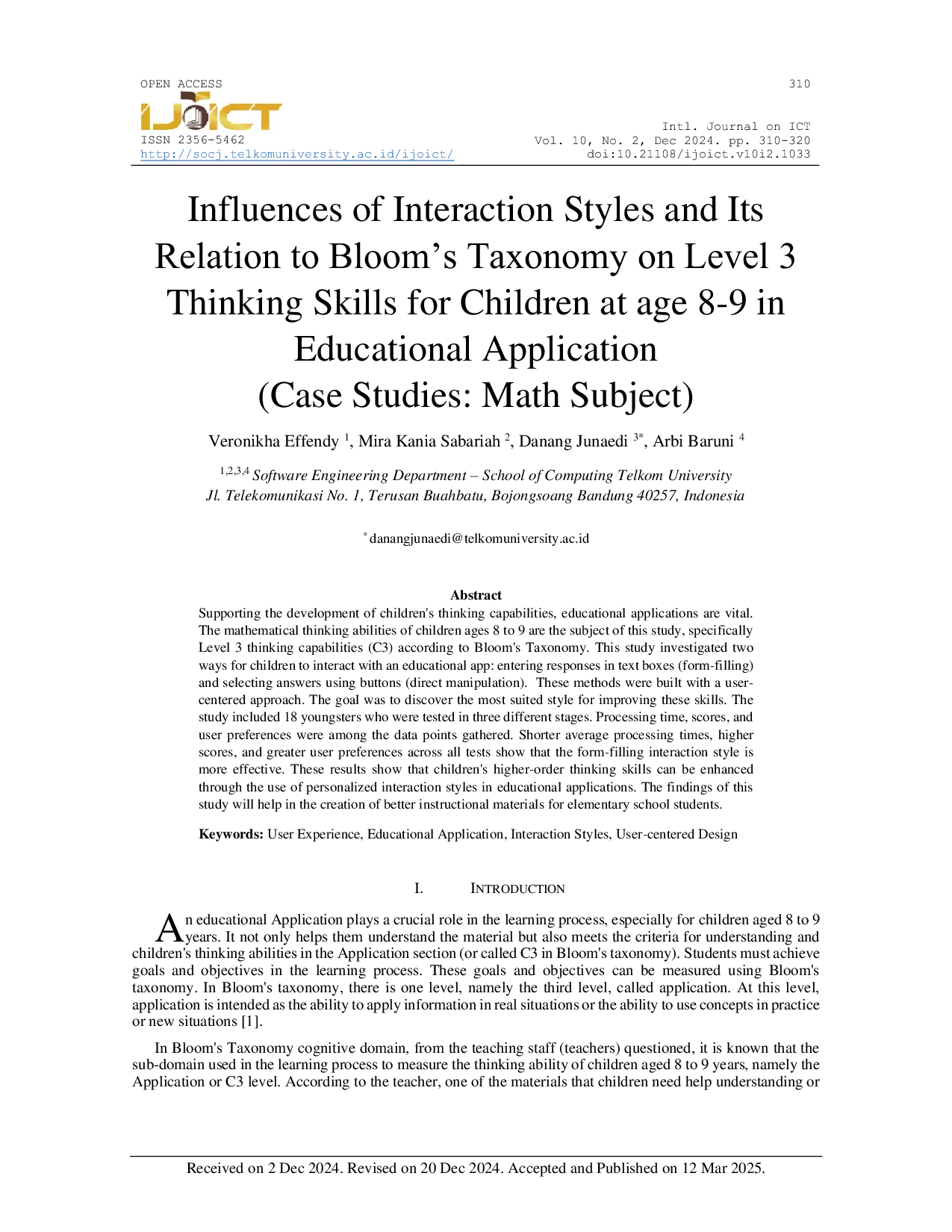 JURIS Influences of Interaction Styles and Its Relation to Bloom s Taxonomy on Level 3 Thinking Skills for Children at age 8 9 in Educational Application Case Studies Math Subject