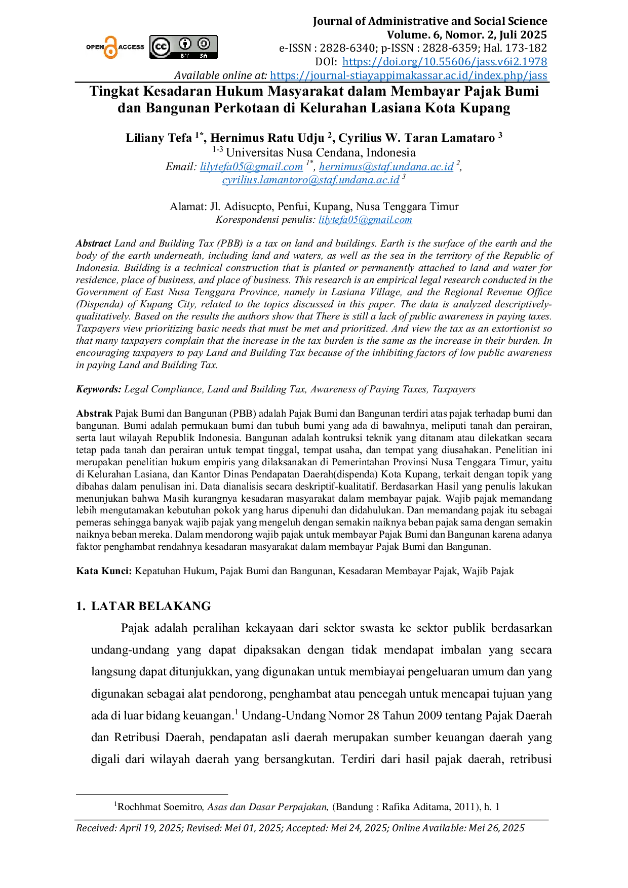 JURIS Tingkat Kesadaran Hukum Masyarakat dalam Membayar Pajak Bumi dan Bangunan Perkotaan di Kelurahan Lasiana Kota Kupang