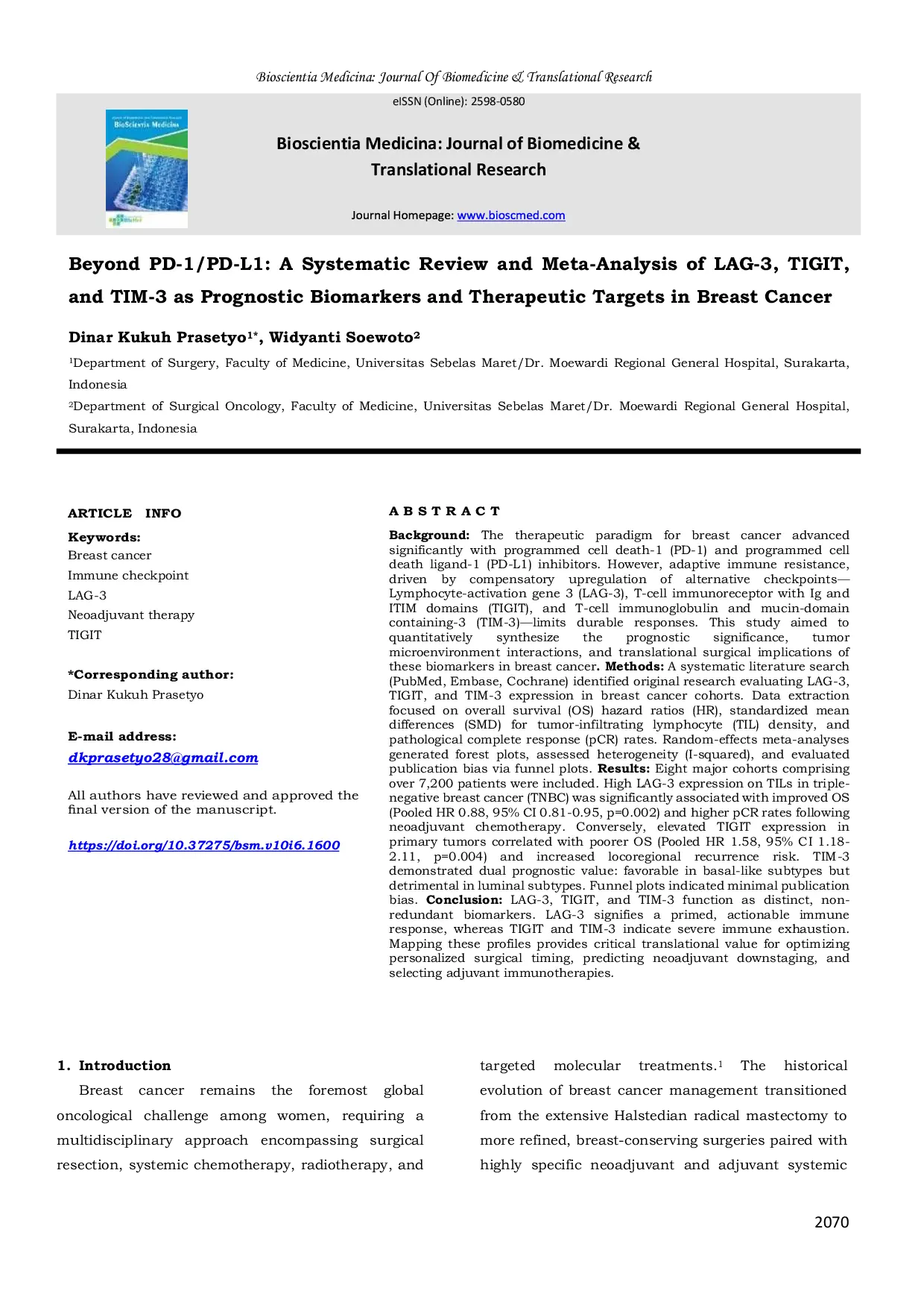 JURIS Beyond PD 1 PD L1 A Systematic Review and Meta Analysis of LAG 3 TIGIT and TIM 3 as Prognostic Biomarkers and Therapeutic Targets in Breast Cancer