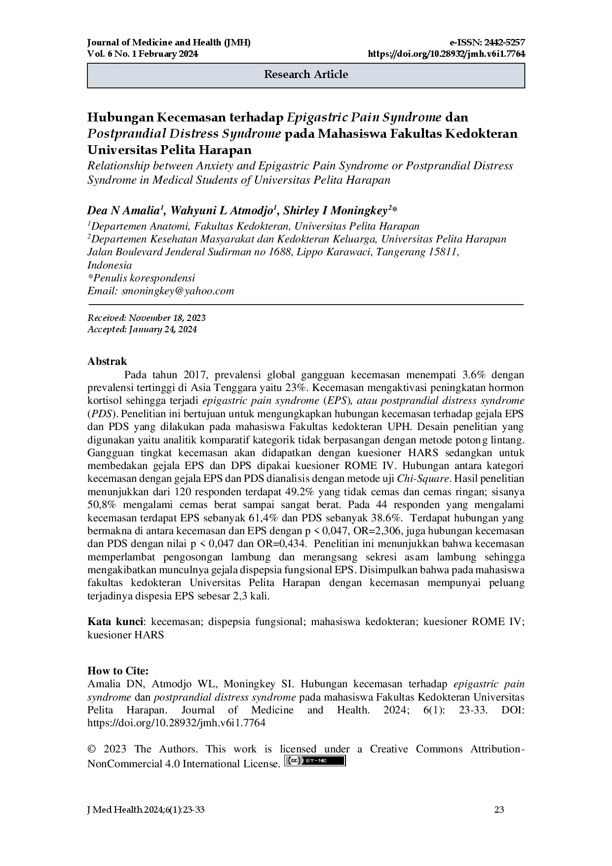 juris Hubungan Kecemasan terhadap Epigastric Pain Syndrome dan Postprandial Distress Syndrome pada Mahasiswa Fakultas Kedokteran Universitas Pelita Harapan