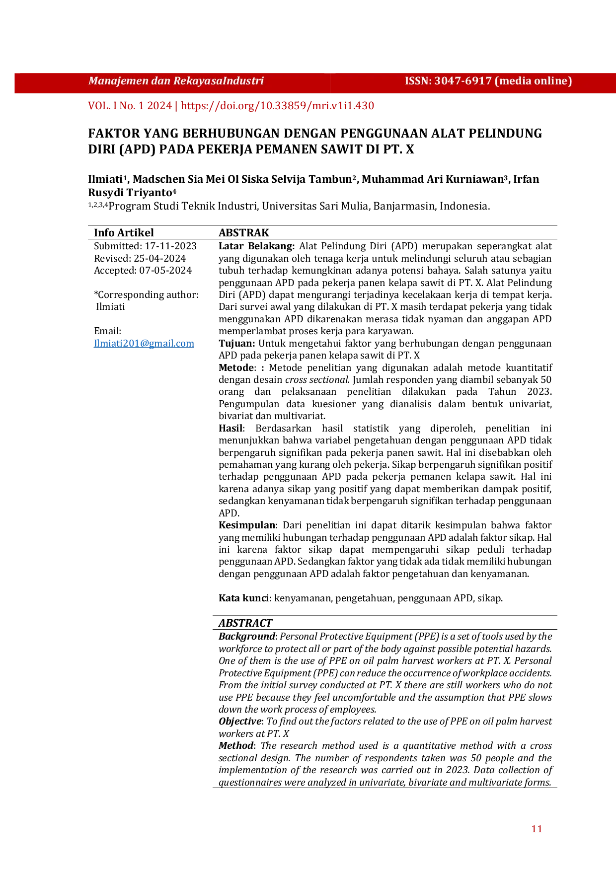 JURIS F Factors associated with the use of Personal Protective Equipment PPE in palm oil harvester workers at PT X