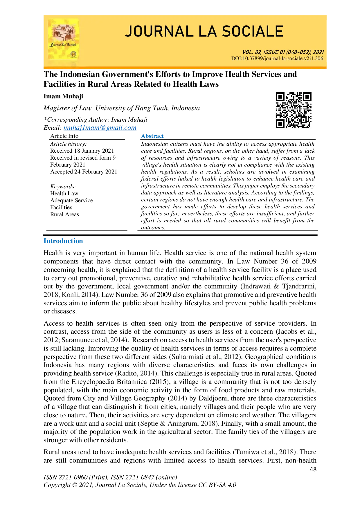 juris The Indonesian Government s Efforts to Improve Health Services and Facilities in Rural Areas Related to Health Laws