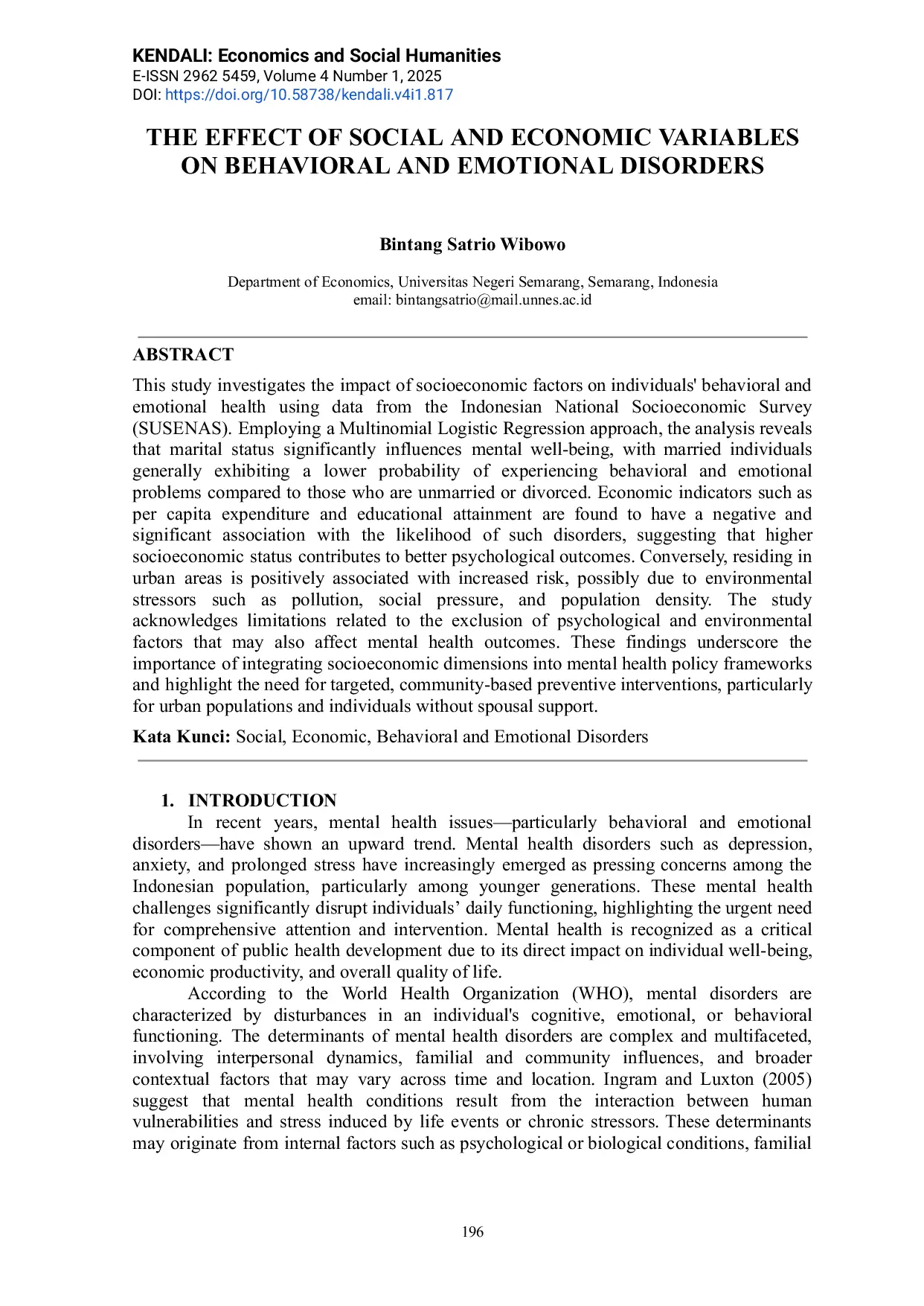 JURIS The Effect of Social and Economic Variables on Behavioral and Emotional Disorders